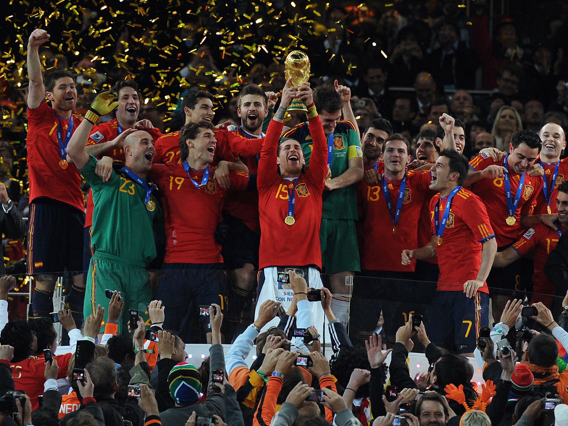 Sergio Ramos of Spain lifts the Fifa World Cup 2010 trophy