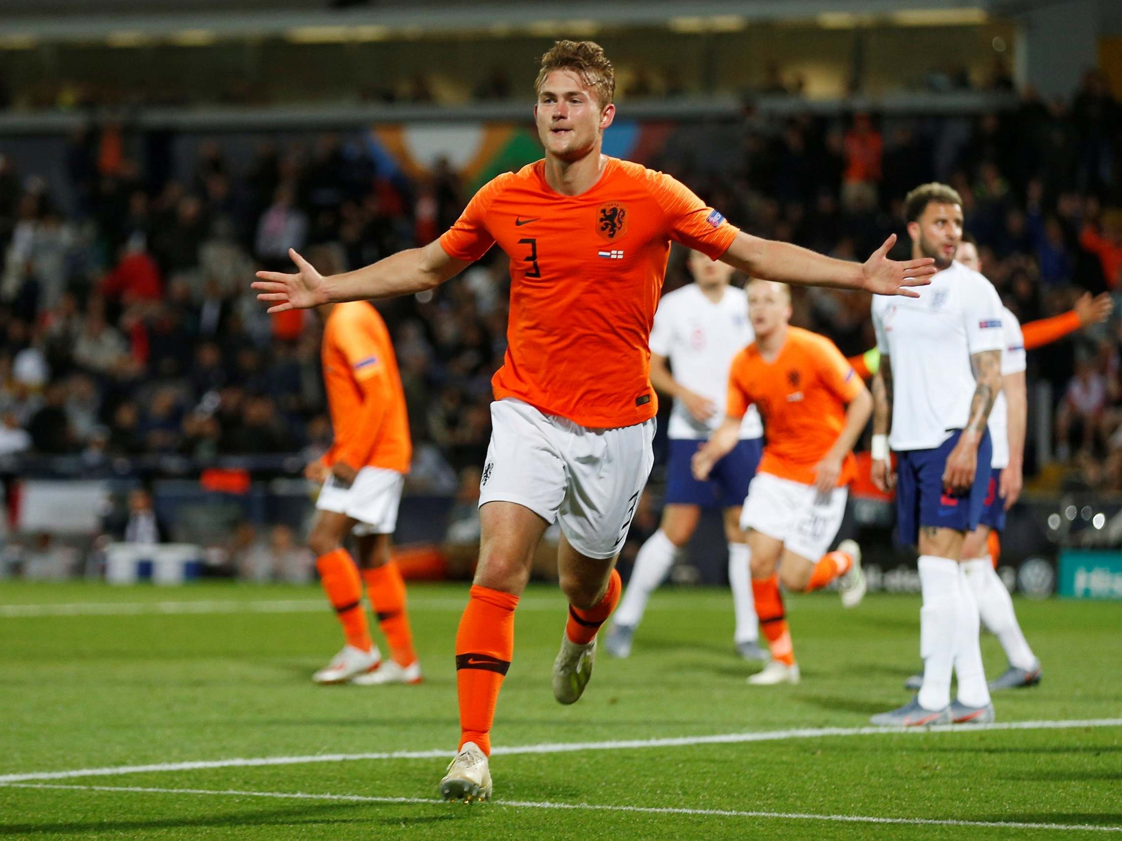 Netherlands’ Matthijs de Ligt celebrates scoring (Reuters)