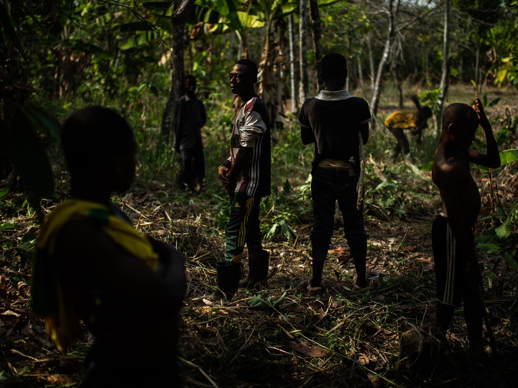 Children from impoverished Burkina Faso take a break from work on a cocoa farm near Bonon, Ivory Coast