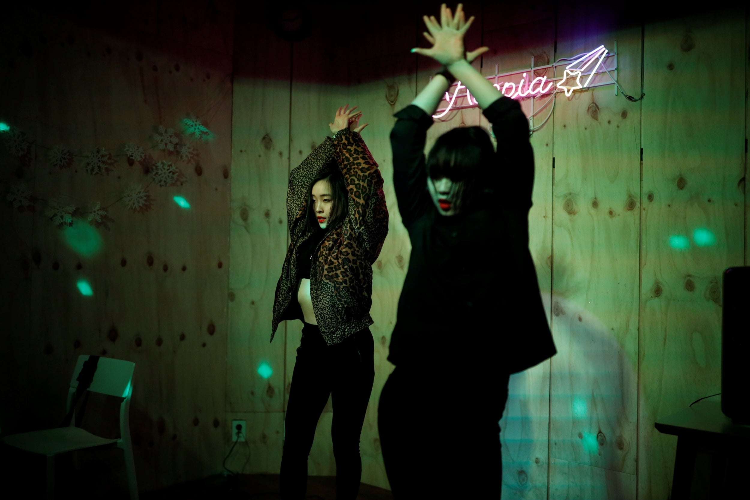 Yuuka Hasumi, 17, and Ibuki Ito, 17, from Japan, who want to become K-pop stars, perform at an Acopia School party in Seoul, South Korea. Acopia is a prep school offering young Japanese a shot at K-pop stardom, teaching them the dance moves, the songs and also the language