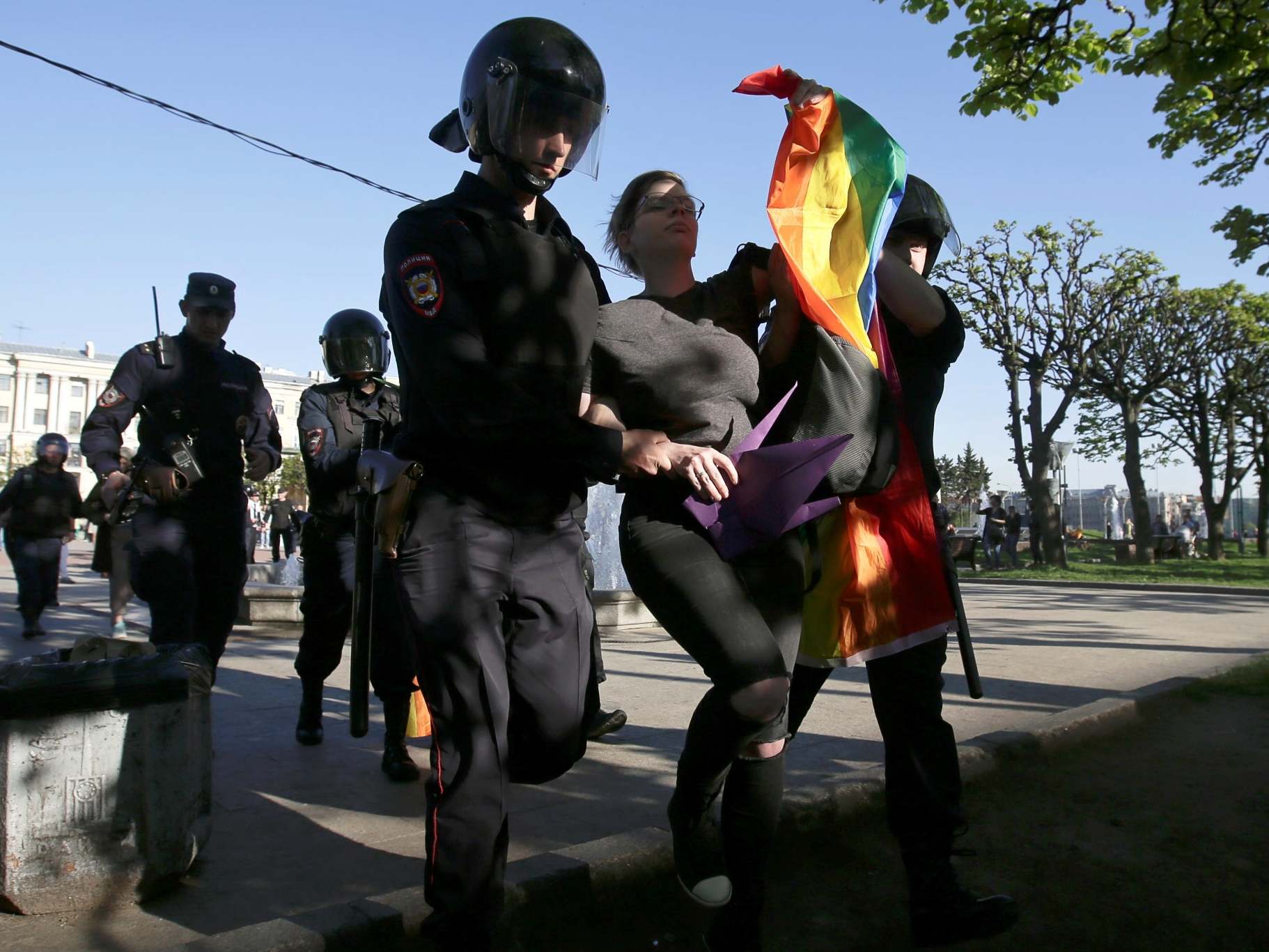 Police detain an LGBT+ activist during a rally in Saint Petersburg on International Day Against Homophobia, Transphobia and Biphobia in May