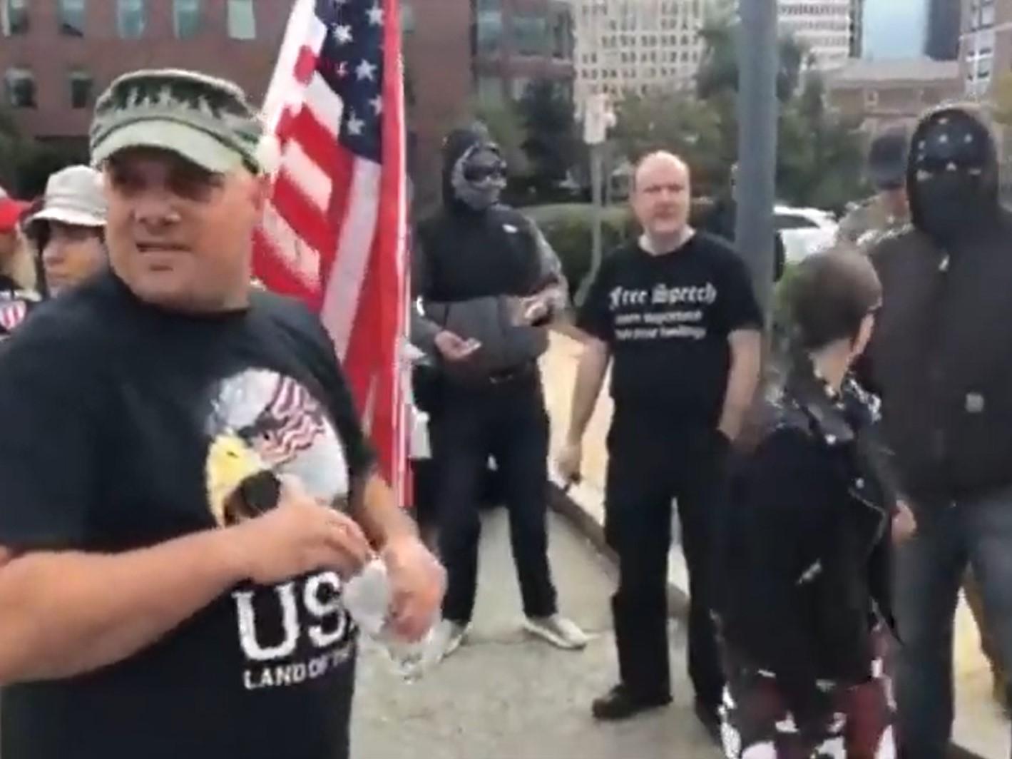 Mark Sahady leads a rally in Providence, Rhode Island