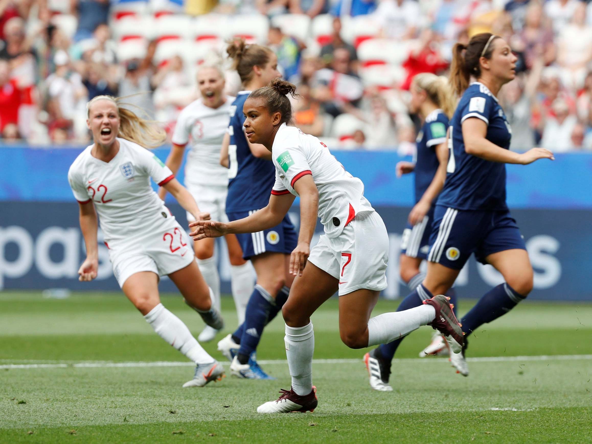 England’s Nikita Parris celebrates scoring their first goal from the penalty spot (Reuters)