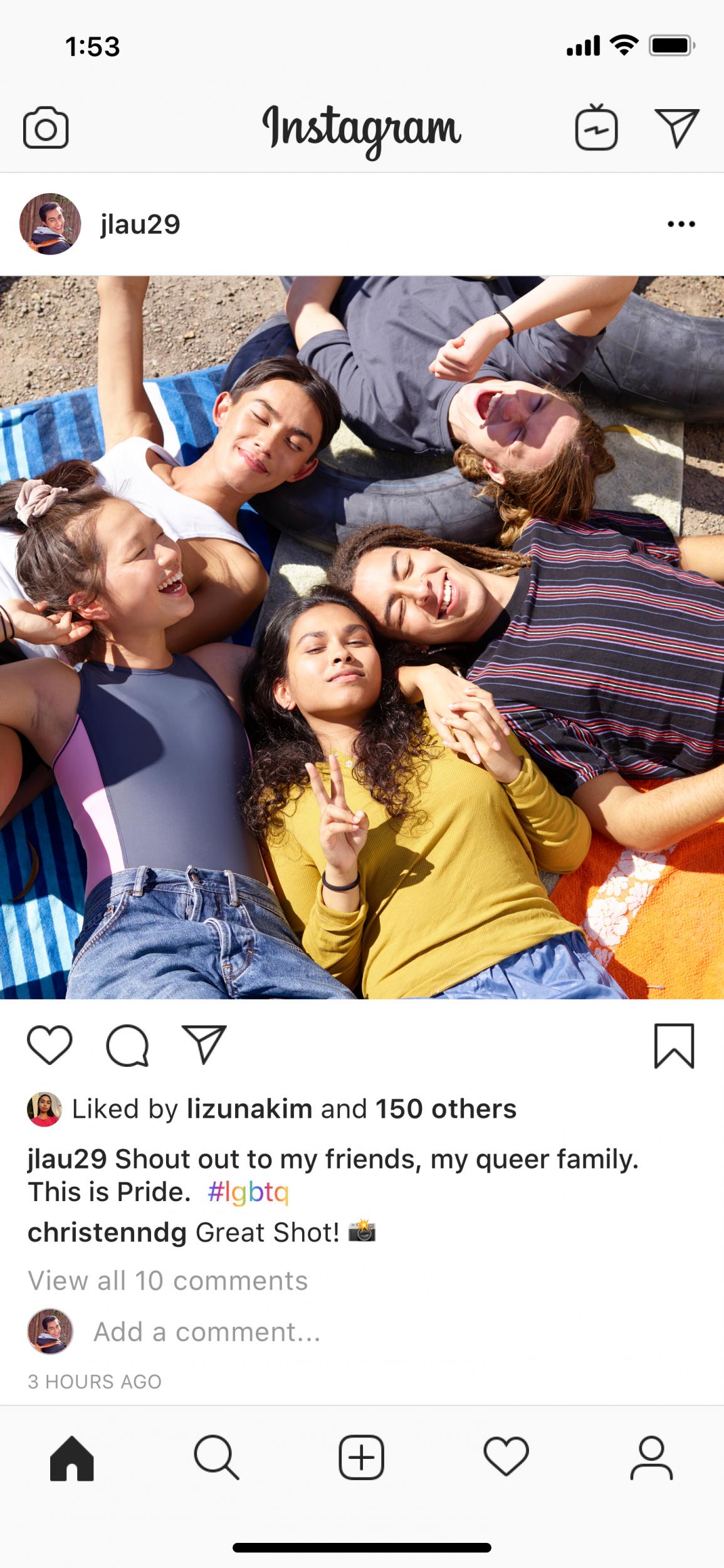 LGBT+ hashtags appear with rainbow gradient