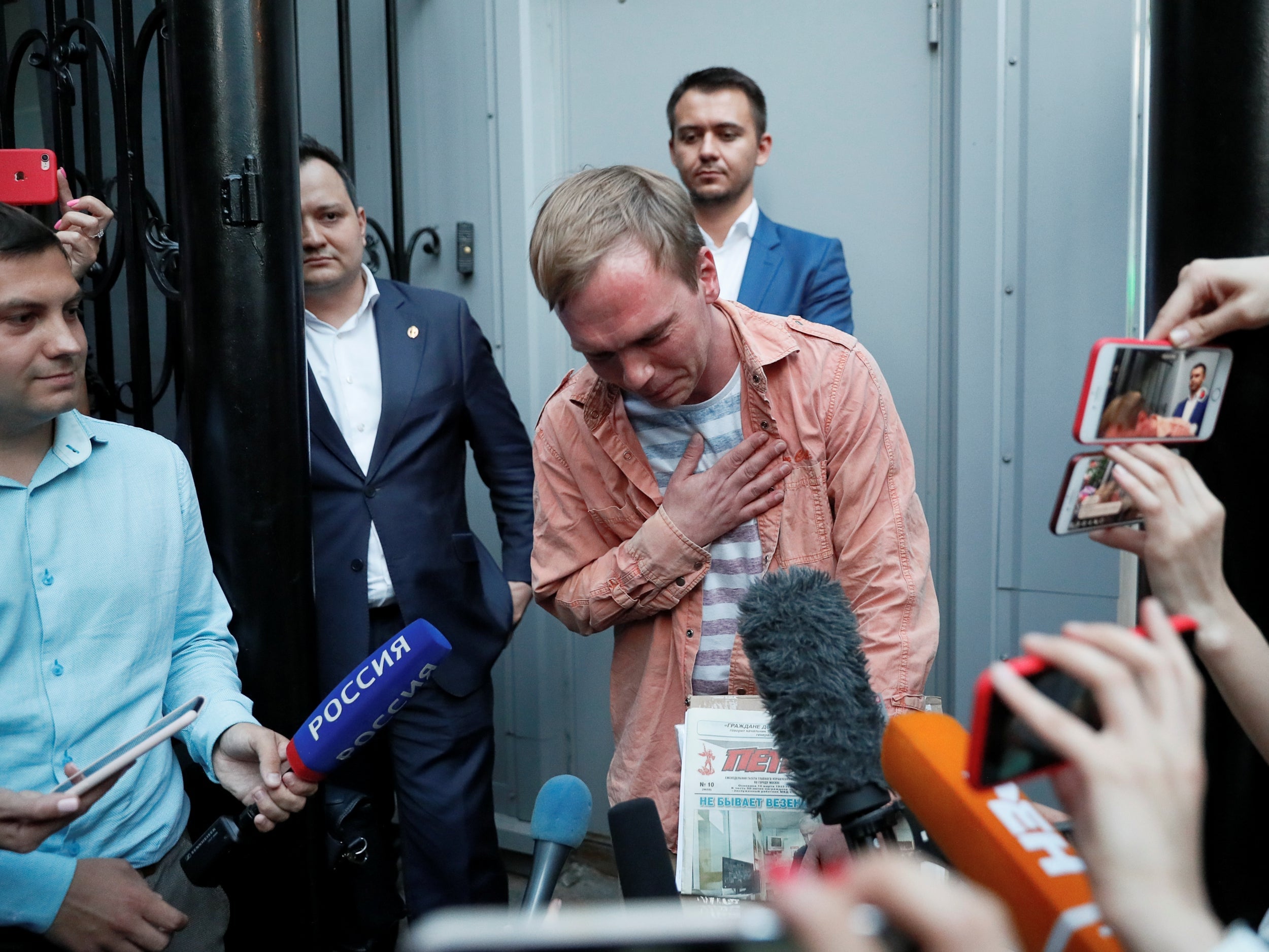 Golunov talks to media yesterday after charges against him were dropped