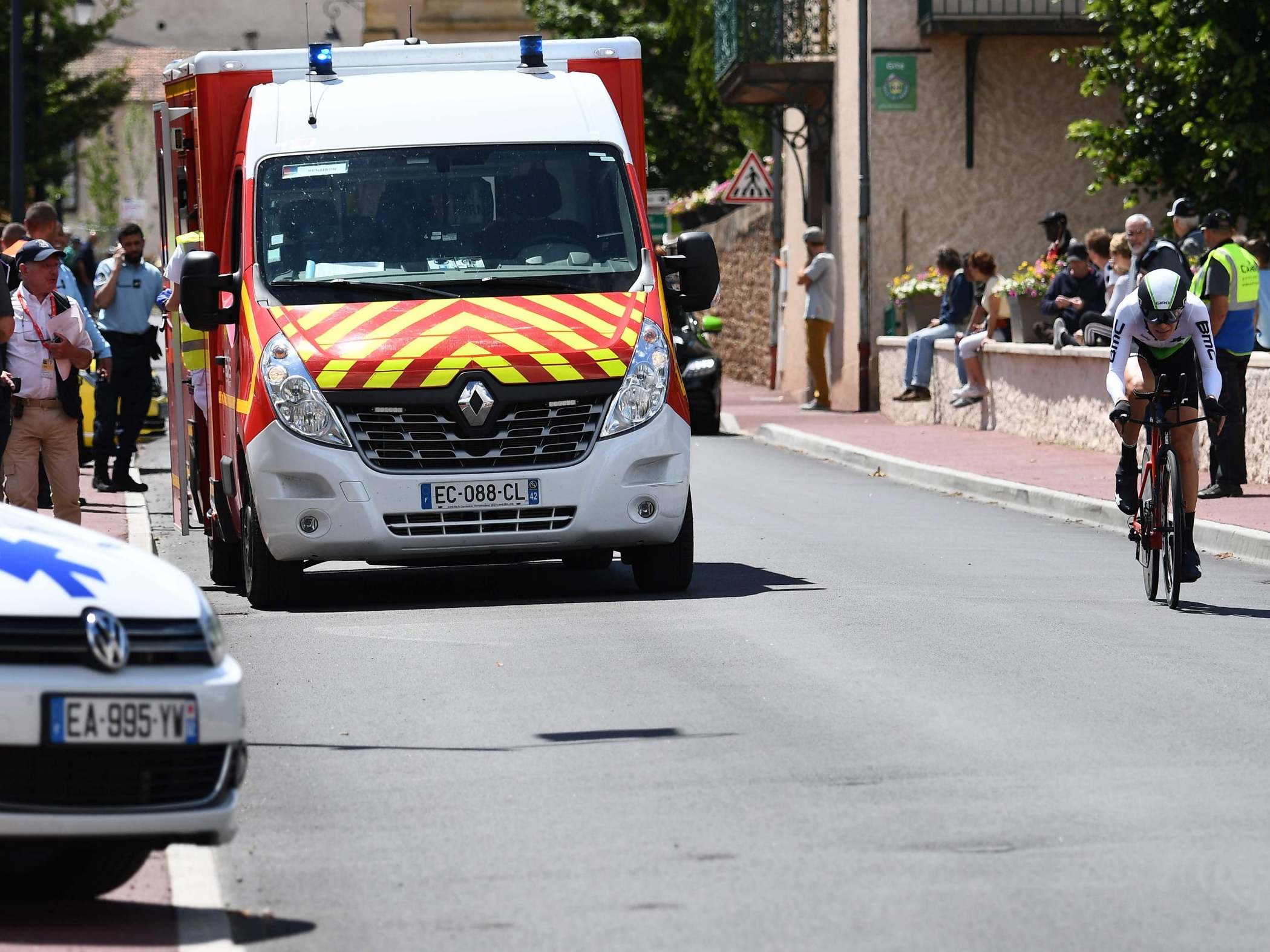 Chris Froome is treated in an ambulance after his crash