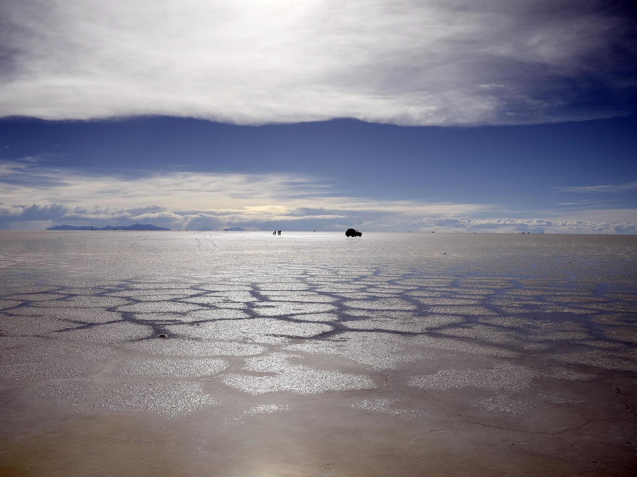 The Salar de Uyuni, the world's largest salt flat located in Bolivia near the crest of the Andes.