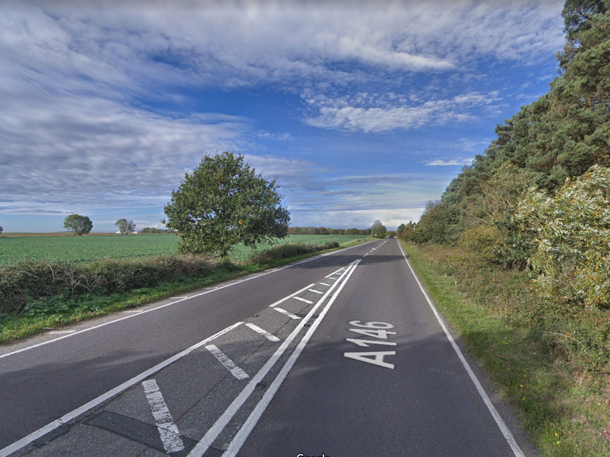 The A146 near North Cove, where the first report of a car hit by a rock was made