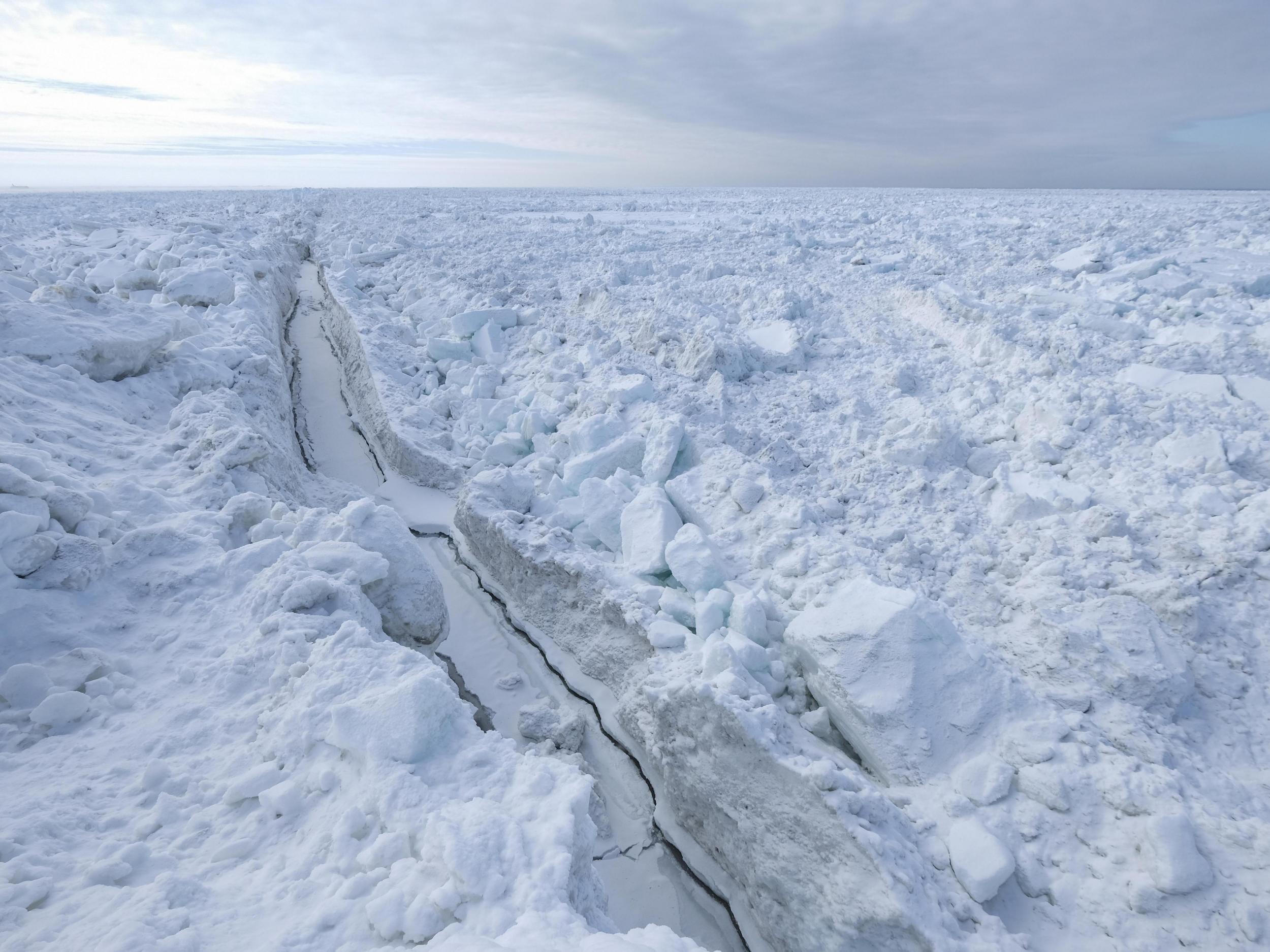 A break forms in the Arctic Ocean ice beyond Utqiagvik, Alaska, near the northernmost point in the US