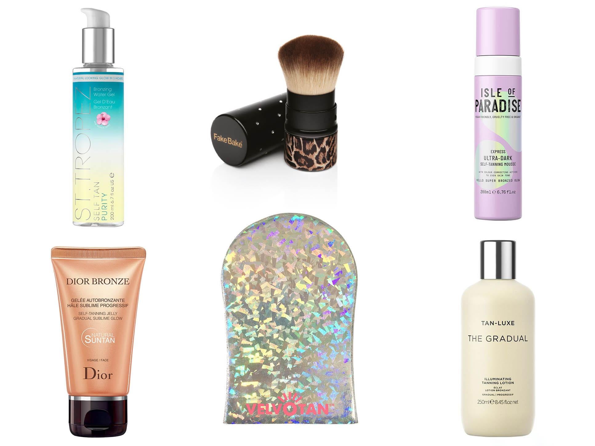 St.Tropez, Self-Tan Purity Water Gel, £32.99, Superdrug; Dior Bronze Self-Tanning Jelly Gradual Glow, £29, John Lewis; Kabuki Brush, £10, Fake Bake; Velvotan Self-Tan Applicator Body Mitt, £2.99, Look Fantastic; Isle of Paradise, Express Ultra Dark Self-Tanning Mousse, £19.95, Cult Beauty; Tan Luxe, The Gradual Tan Lotion, £22, Space NK