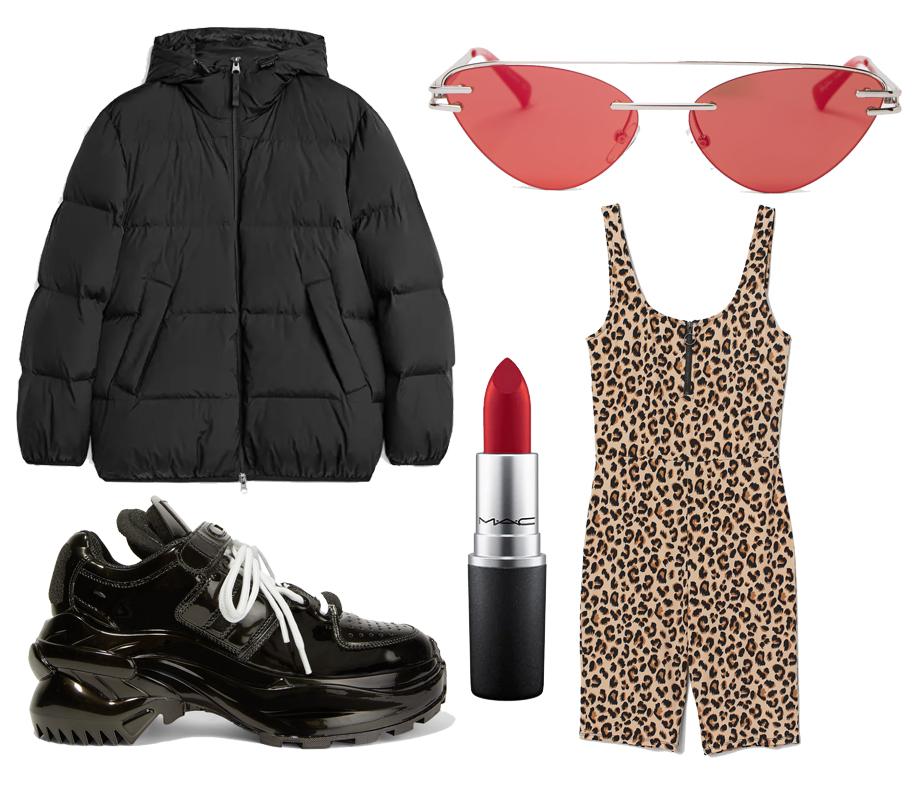 Arket, ReDown puffer jacket: £150; Maison Margiela, Retro fit patent-leather sneakers: £487; MAC, Retro matte lipstick: £17.50; Le Specs x Adam Selman, The Coupe cat-eye metal sungalsses: £75; H&amp;M, Short jersey unitard: £14.99