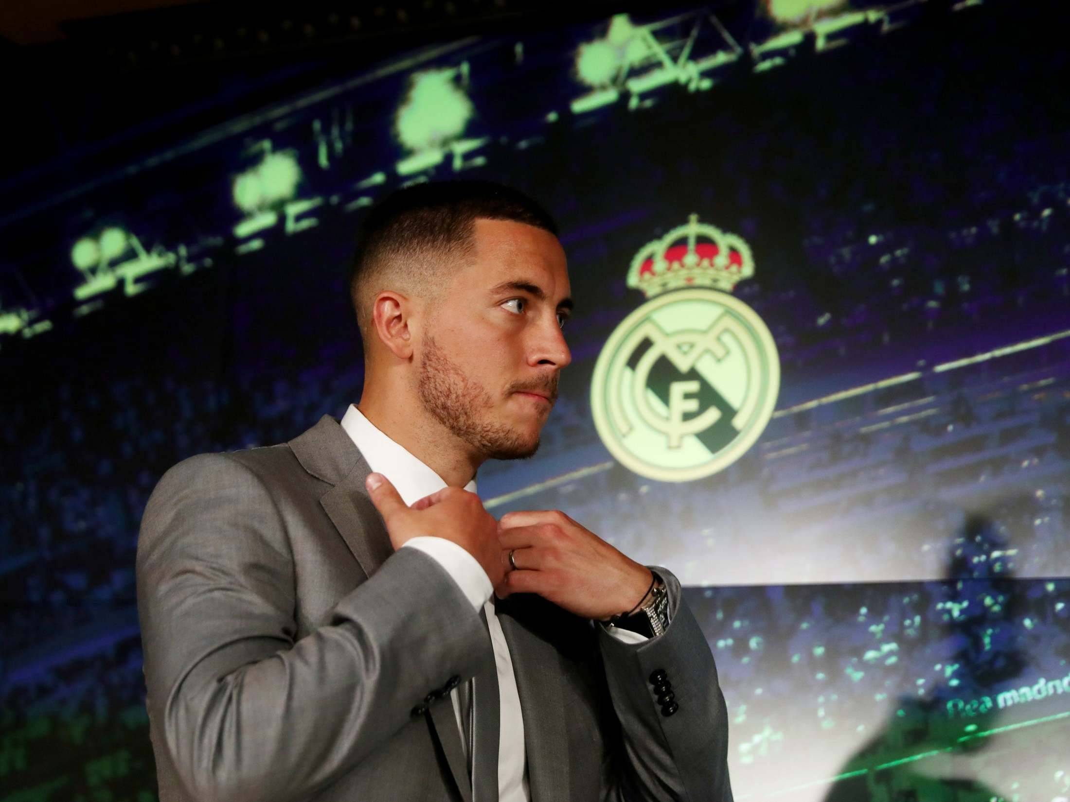 Eden Hazard arrives for his first press conference at Real Madrid