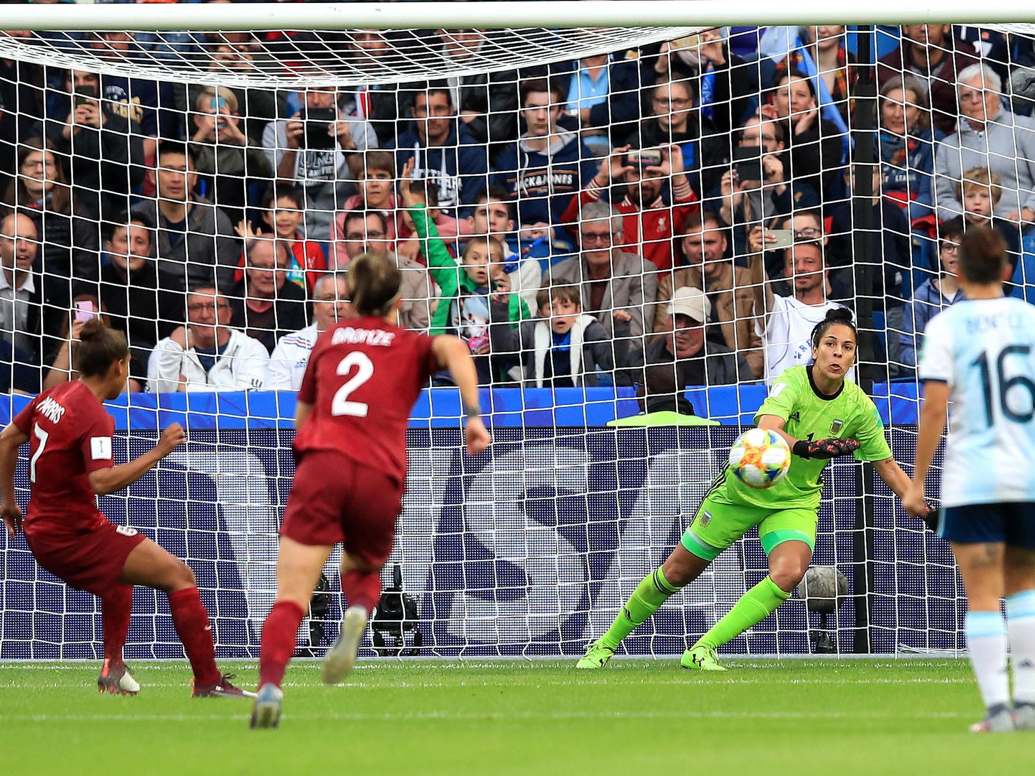 Nikita Parris sees her penalty saved during the first half