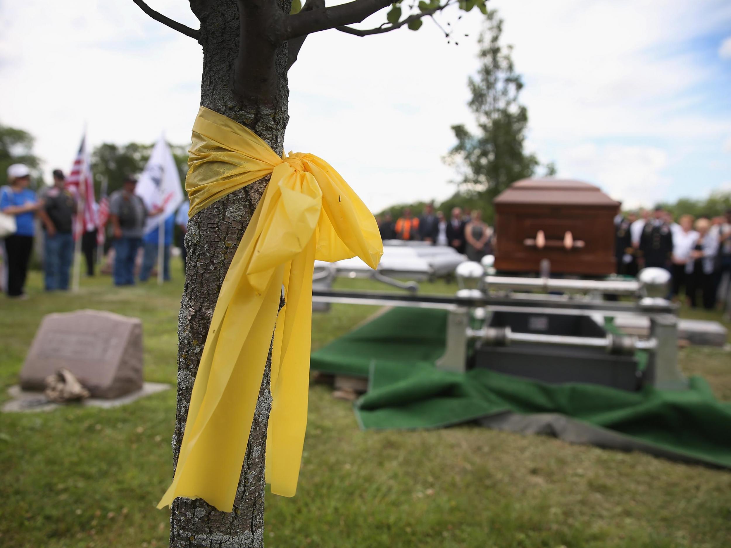 A yellow ribbon adorns a tree at a graveside service in Illinois