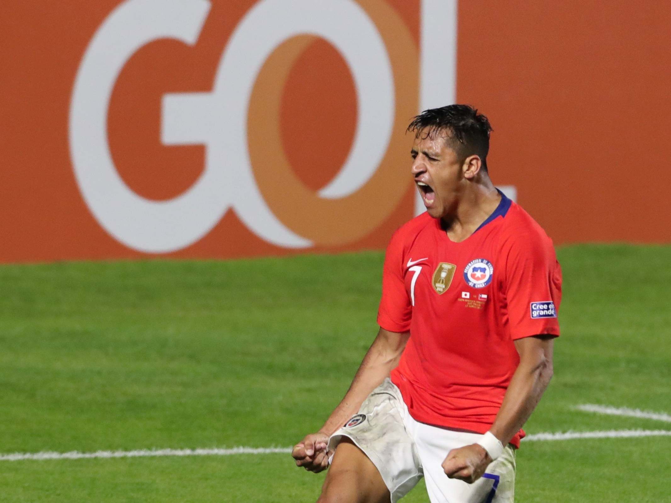 Alexis Sanchez celebrates scoring in Chile's Copa America rout of Japan