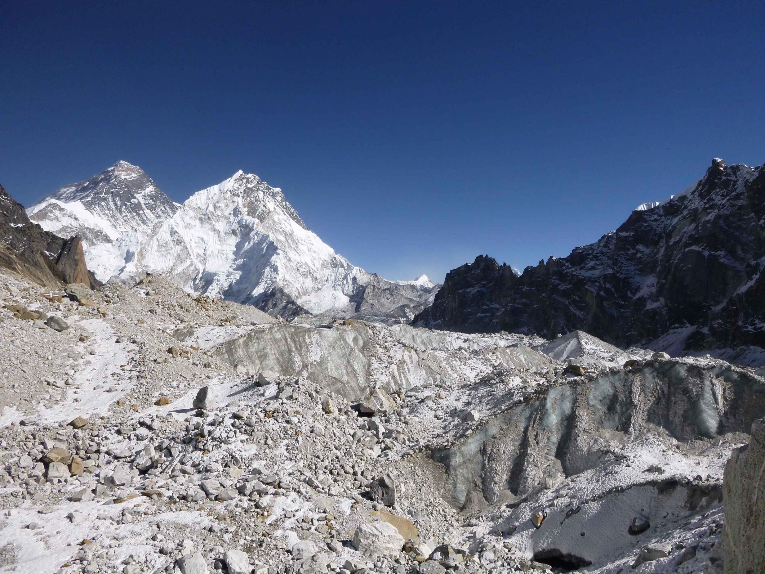 Pictured is Changri Nup Glacier, one of the hundreds studied by the researchers. The glaciers have been losing more than a vertical foot and a half of ice each year since 2000