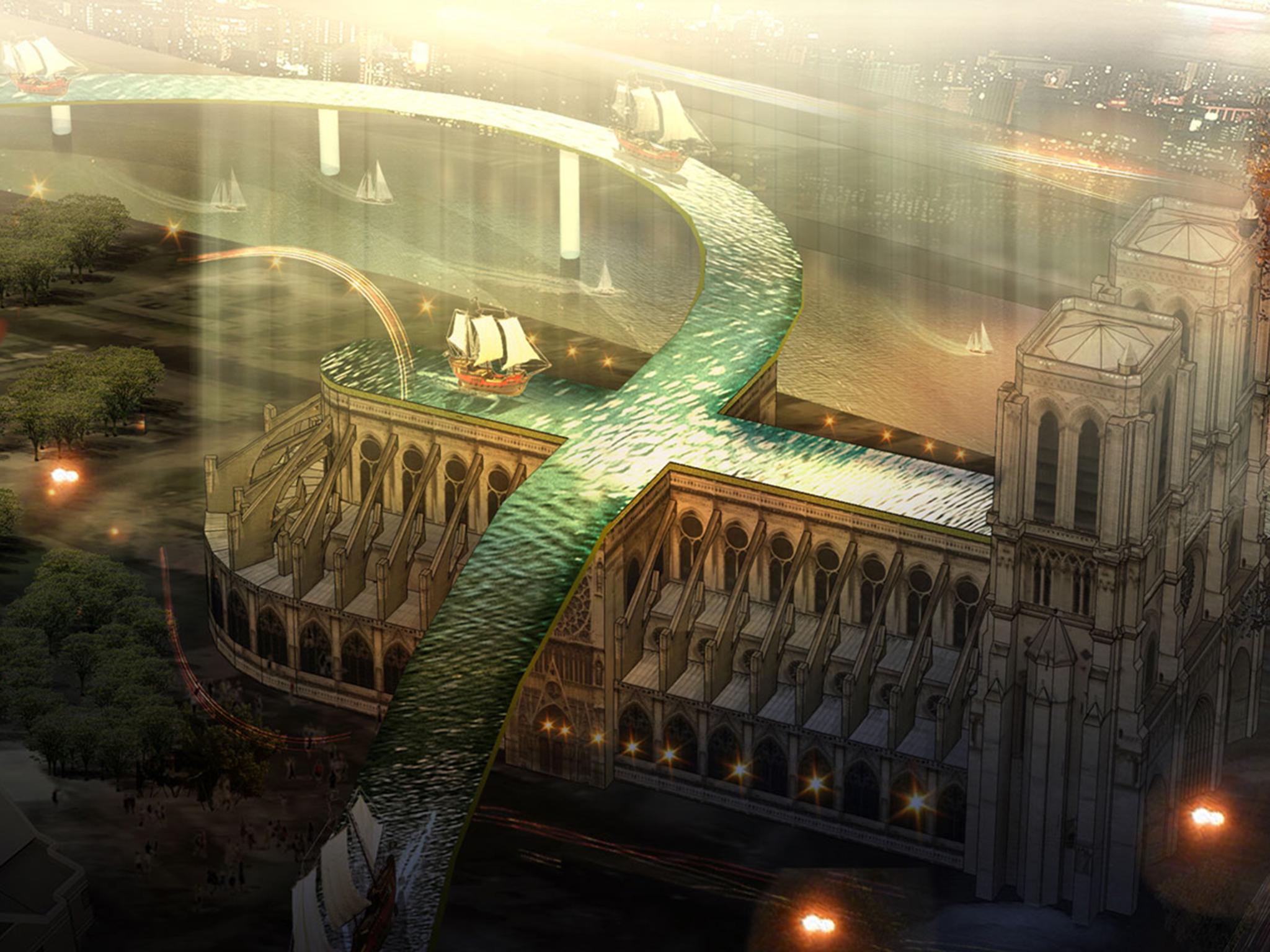 This most ambitious of designs, known as the Floating Fish,  would see an artificial waterway crafted to link the River Seine with a pool in place of the roof of Notre Dame cathedral