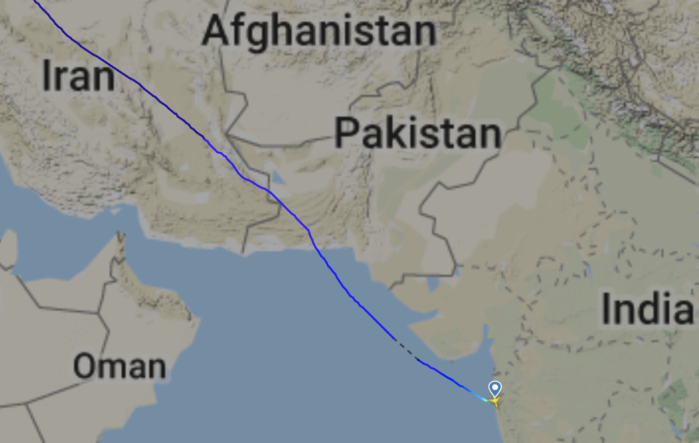 Airspace issue: the flightpath of the last United Airlines flight 49 from New York to Mumbai before the route was suspended