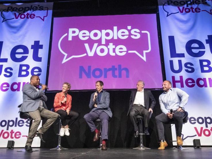 Talking heads: (from left) John Barnes, Allison Curbishley, Alastair Campbell, Peter Reid and Garreth Carvell during June’s People’s Vote rally in Leeds