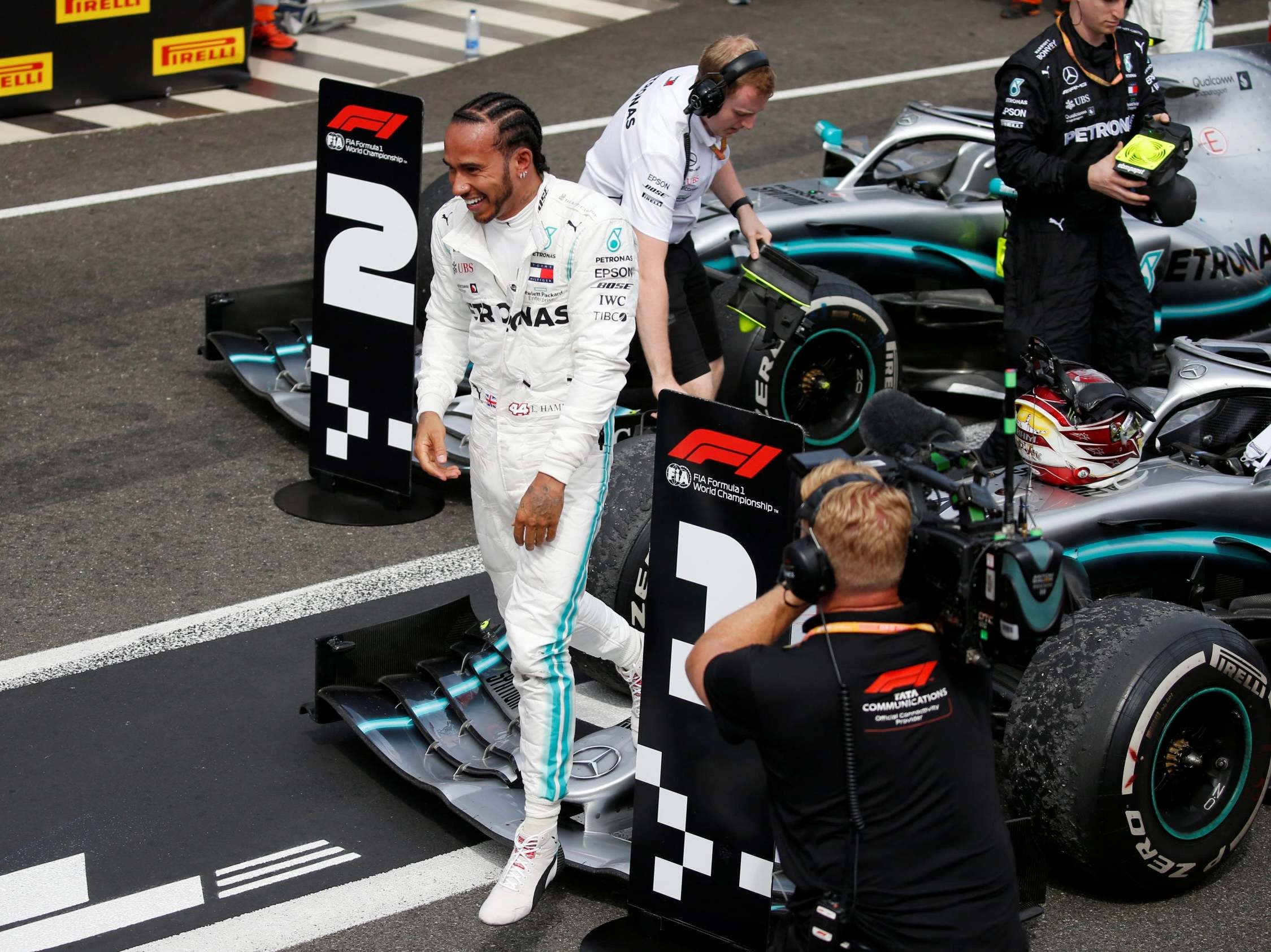 Hamilton celebrates winning the French Grand Prix