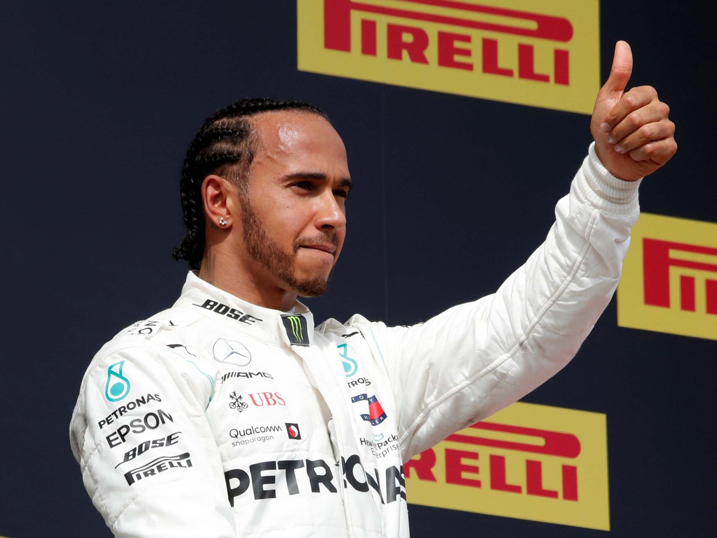 Hamilton celebrates victory in the French Grand Prix at Paul Ricard