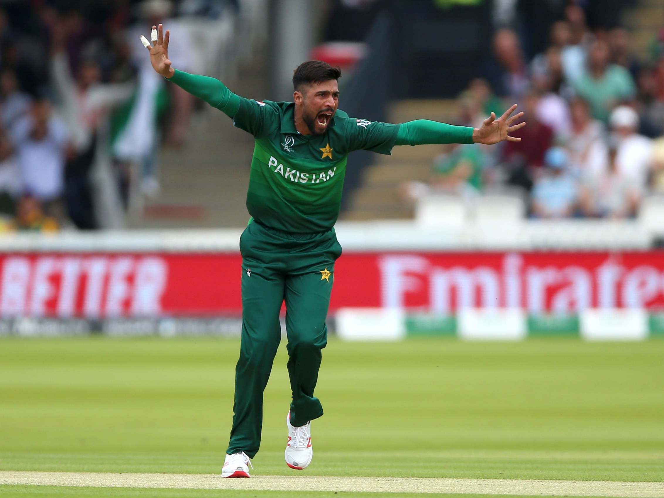 Mohammad Amir celebrates taking the wicket of Hashim Amla