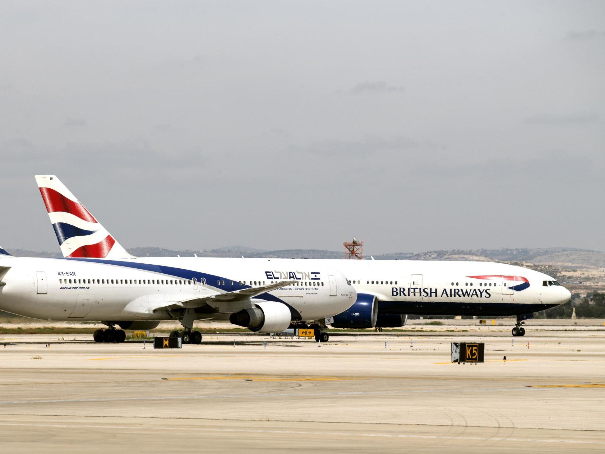 A British Airways plane at Israel's Ben Gurion International Airport, where 18 UK men were thrown off a flight over an alleged bomb threat