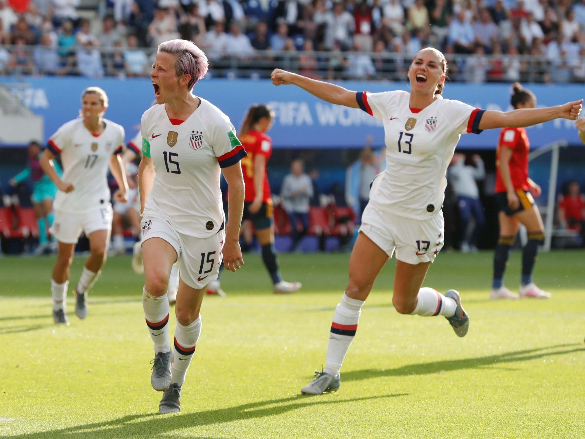 Megan Rapinoe celebrates scoring USA’s match-winning second goal