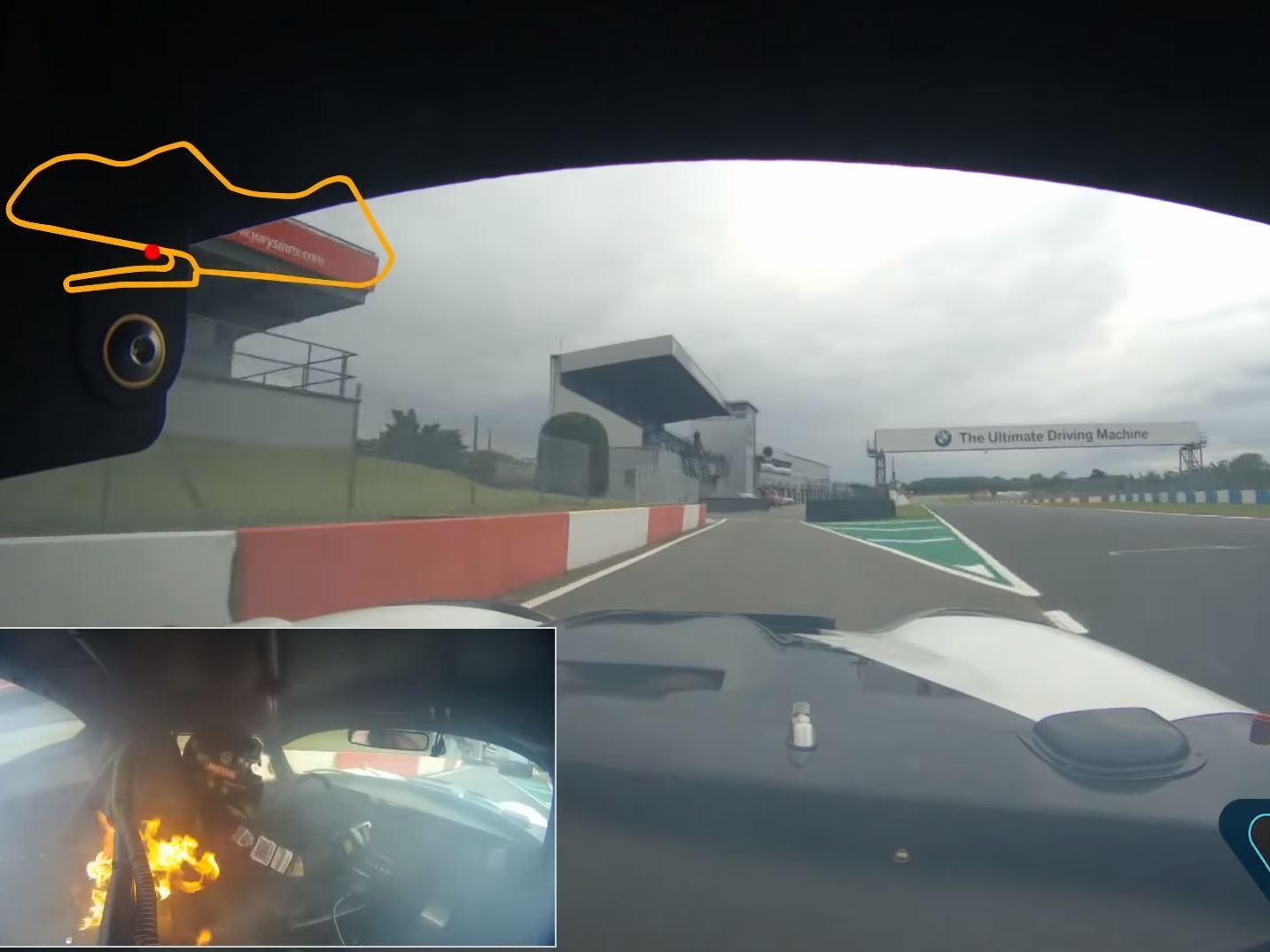 Calum Lockie raced his Shelby Copbra to the Donington Park pits after it caught fire