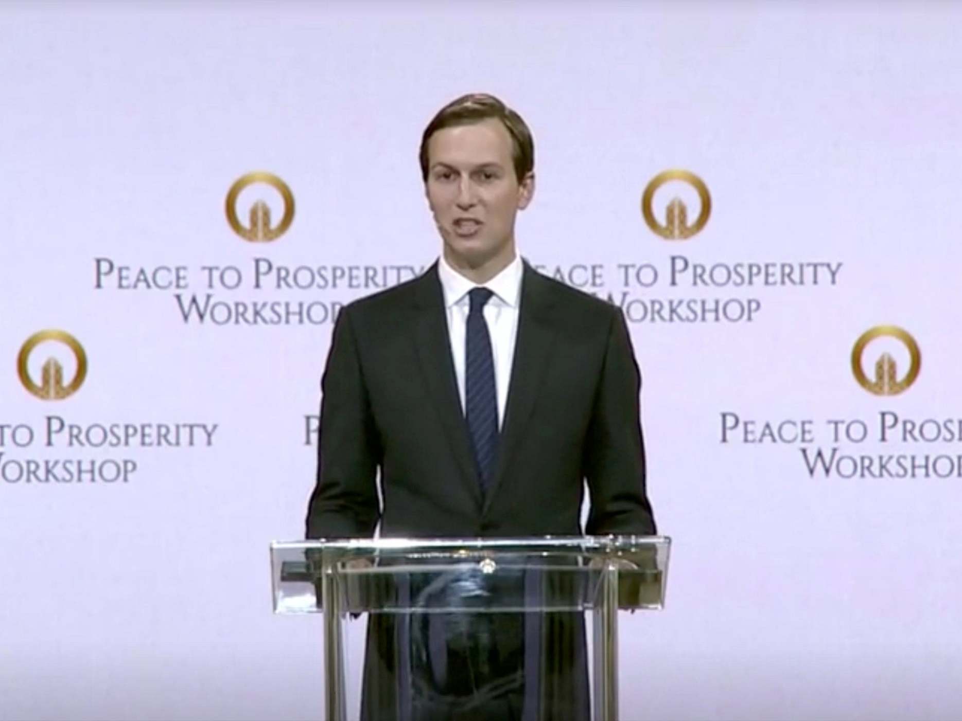 Jared Kushner gives a speech at the opening of the 'Peace to Prosperity' conference in Manama, Bahrain.