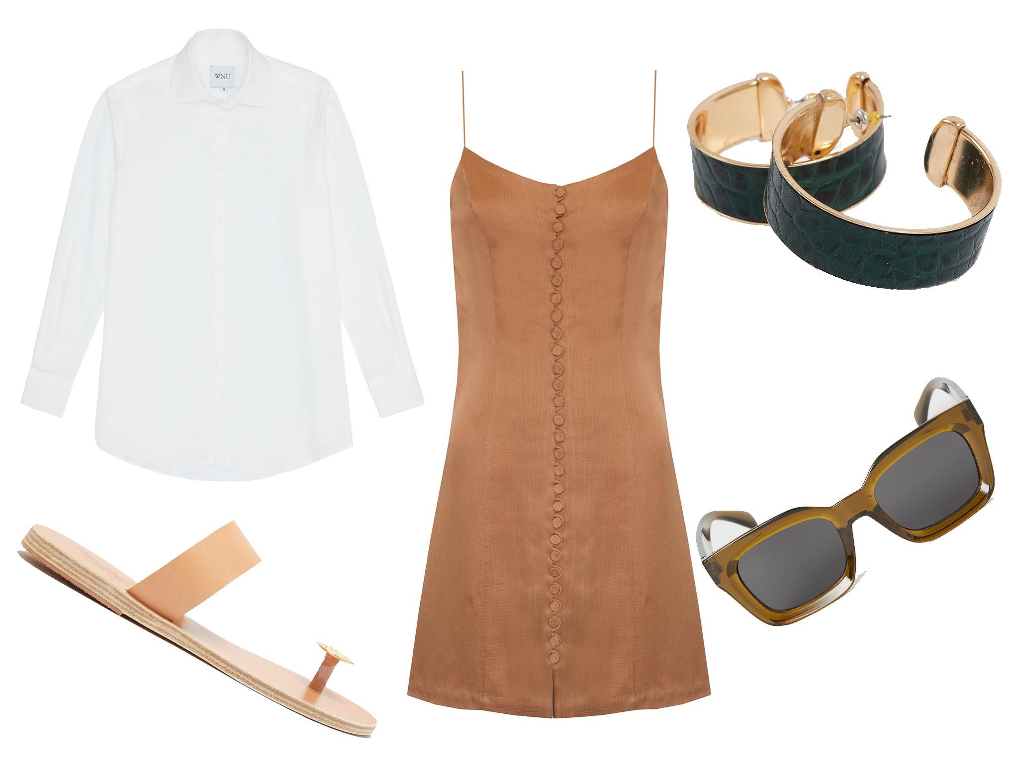 With Nothing Underneath the linen poplin: £80, Ancient Greek Sandals Thalia coin-embellished leather sandals: £145, Eleanor Balfour dress: £595, Topshop hoop earrings: £10.15, H&amp;M sunglasses: £8.99