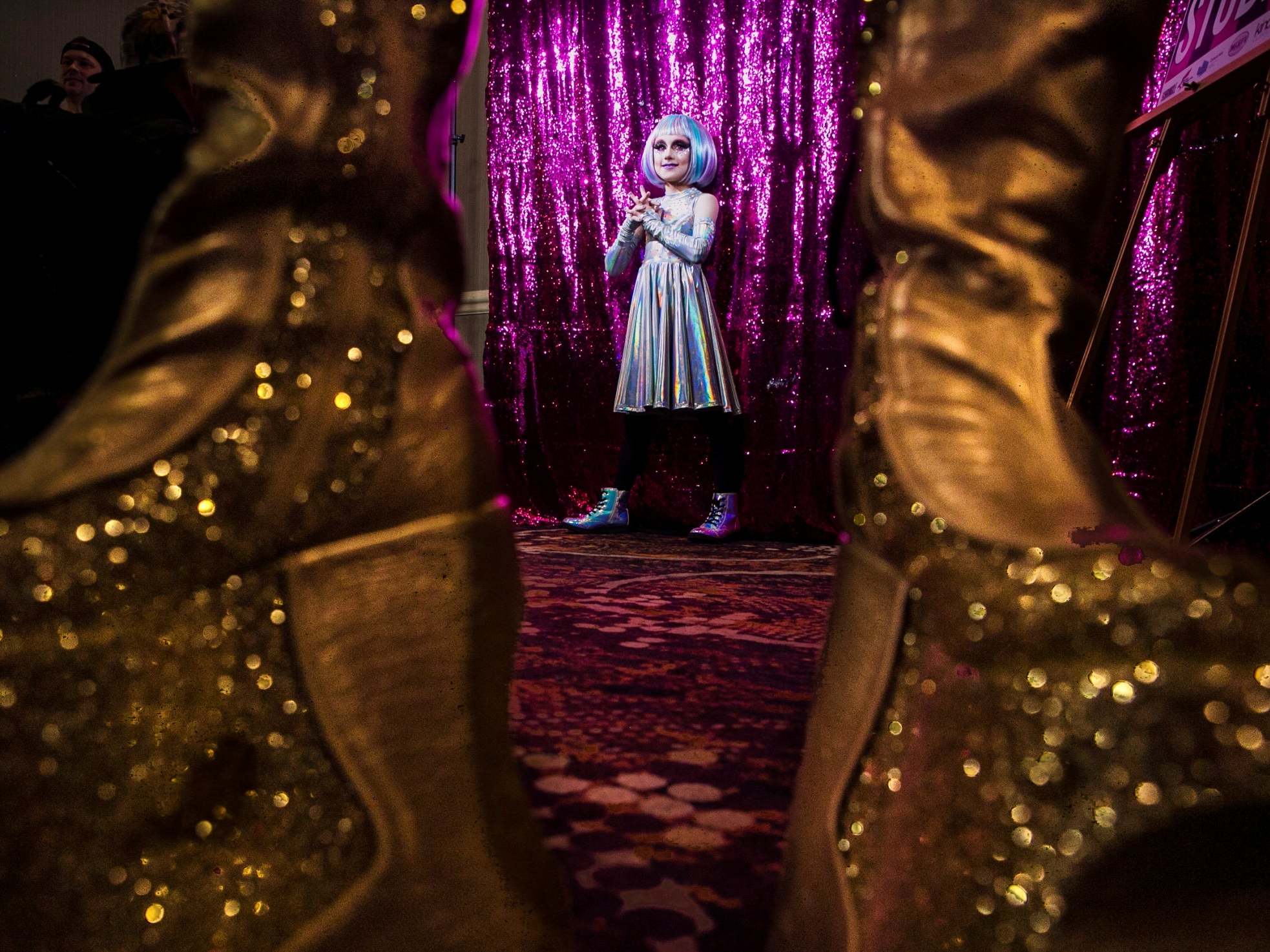 Keegan poses for a photograph after completing in his first drag performance during the Austin International Drag Festival 2018