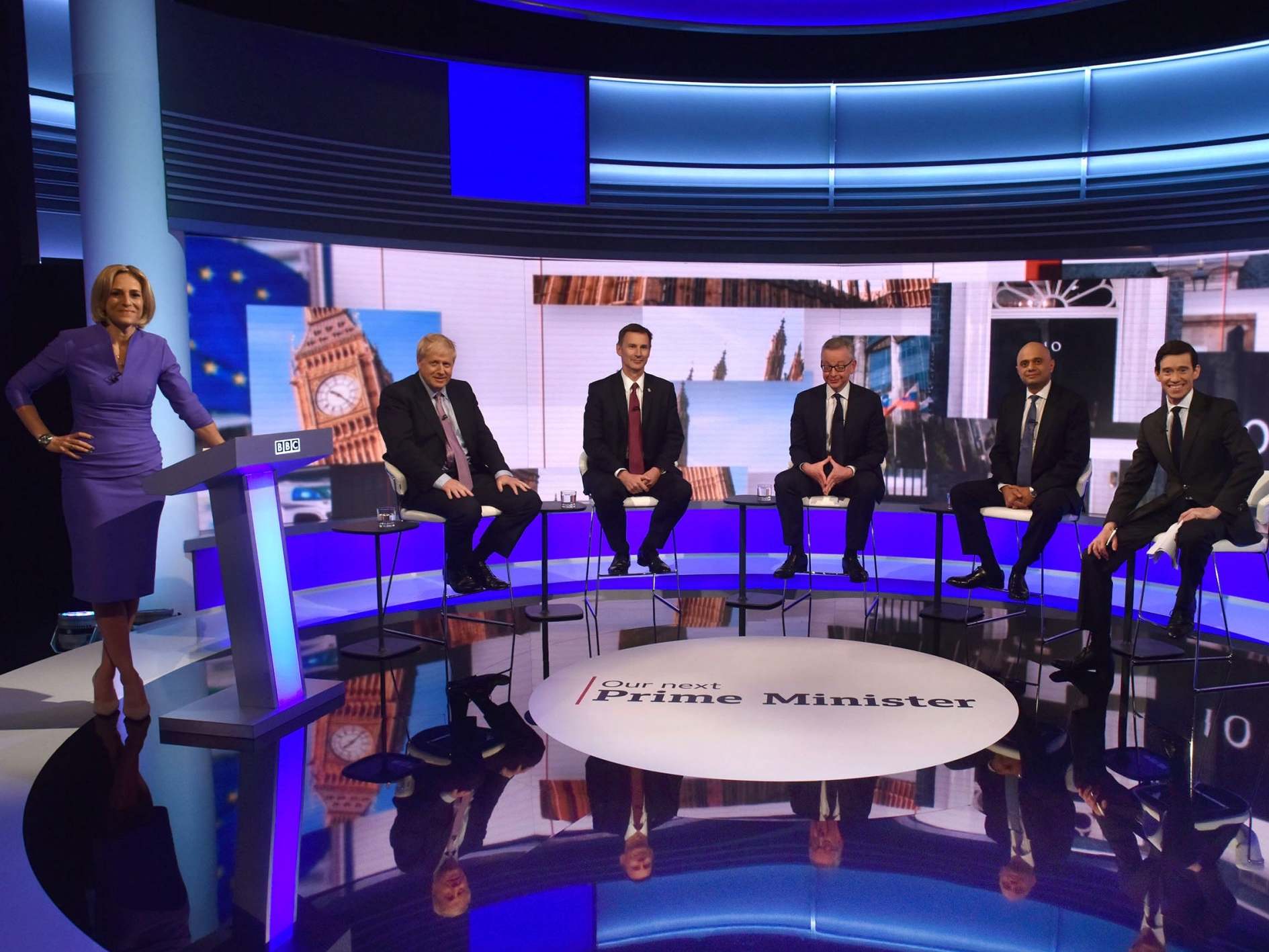 (Left to right) Emily Maitlis with contenders Boris Johnson, Jeremy Hunt, Michael Gove, Sajid Javid and Rory Stewart (PA)