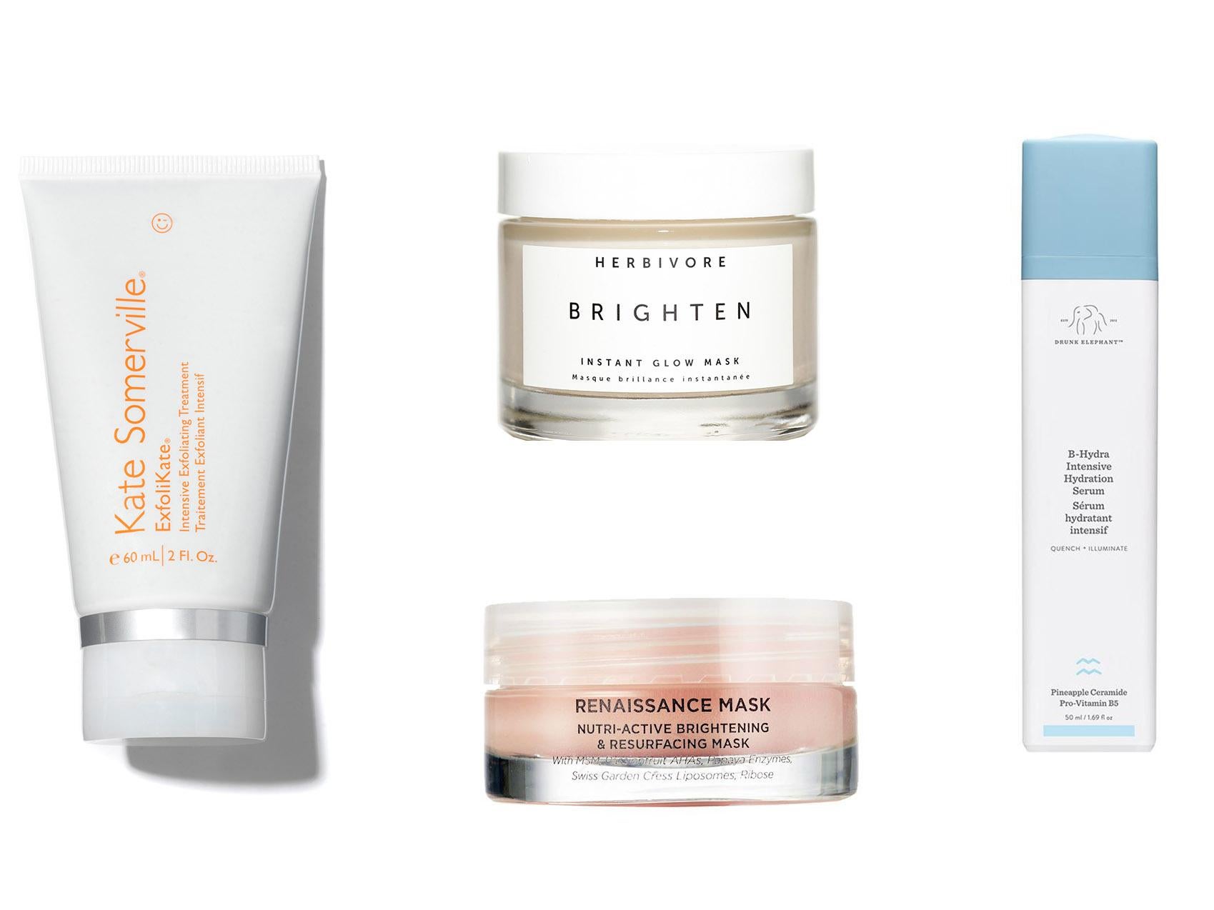 Kate Somerville, ExfoliKate Intensive Exfoliating Treatment, £72, Space NK; Herbivore Botanicals, Brighten Pineapple + Gemstone Mask, £38, Cult Beauty; Oskia, Renaissance Cleansing Mask, £55, Look Fantastic; Drunk Elephant, B-Hydra Intensive Hydration Serum, £44, Space NK