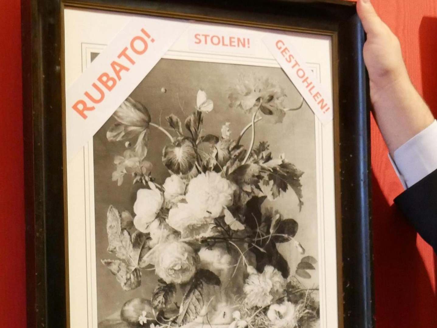 Black and white copy of 'Vase of Flowers' by Jan van Huysum at the Uffizi Gallery in Florence