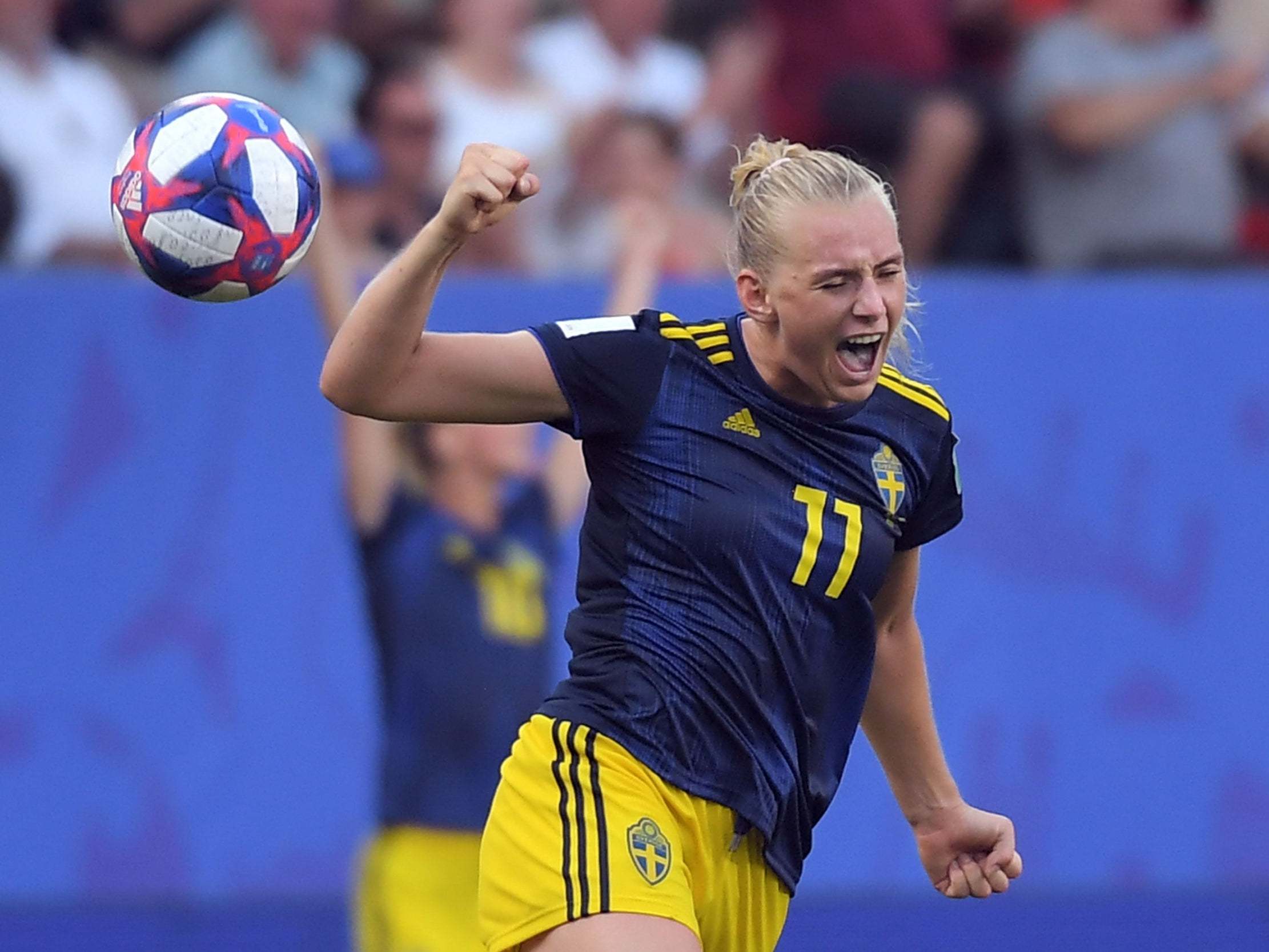 Stina Blackstenius celebrates scoring Sweden’s winner