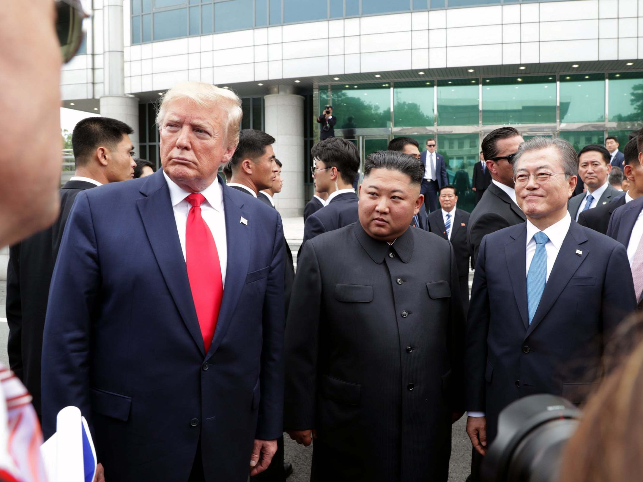 Donald Trump, North Korean leader Kim Jong-un and South Korean president Moon Jae-in at the demilitarized zone (Getty)