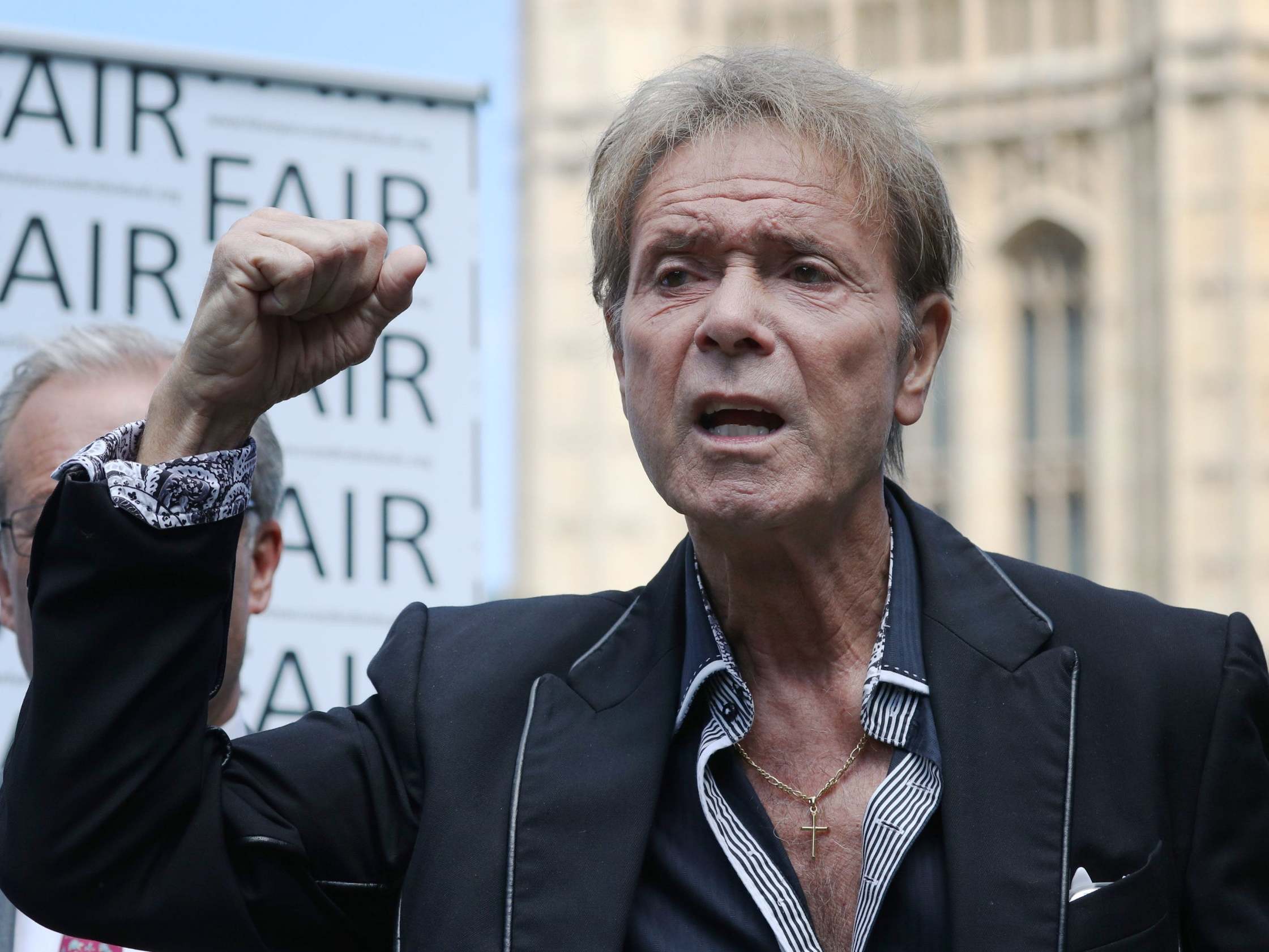 Sir Cliff Richard speaks at an event in Westminster, London, to launch a campaign for a ban on naming sexual crime suspects unless they are charged