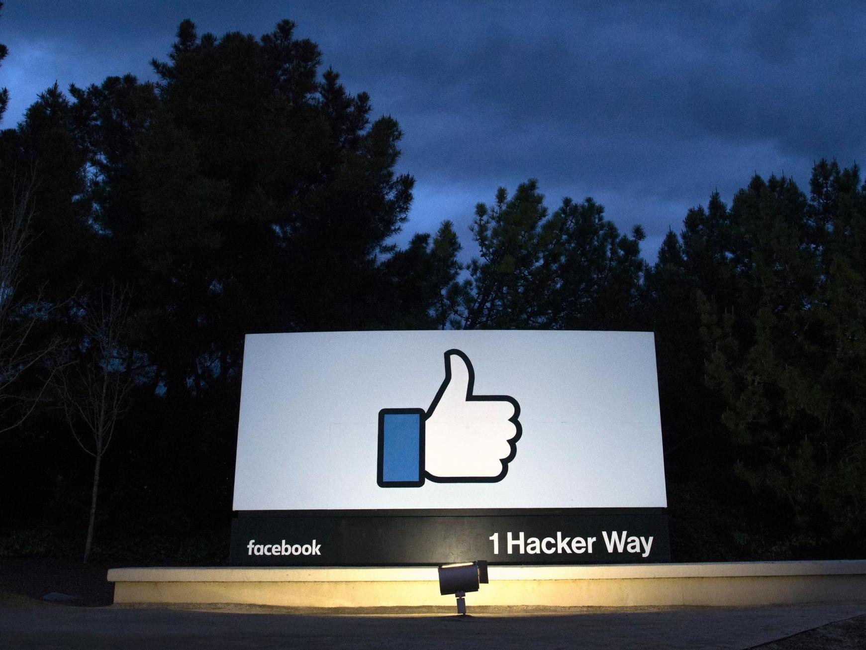 A sign at the entrance to Facebook's corporate headquarters location in Menlo Park, California.