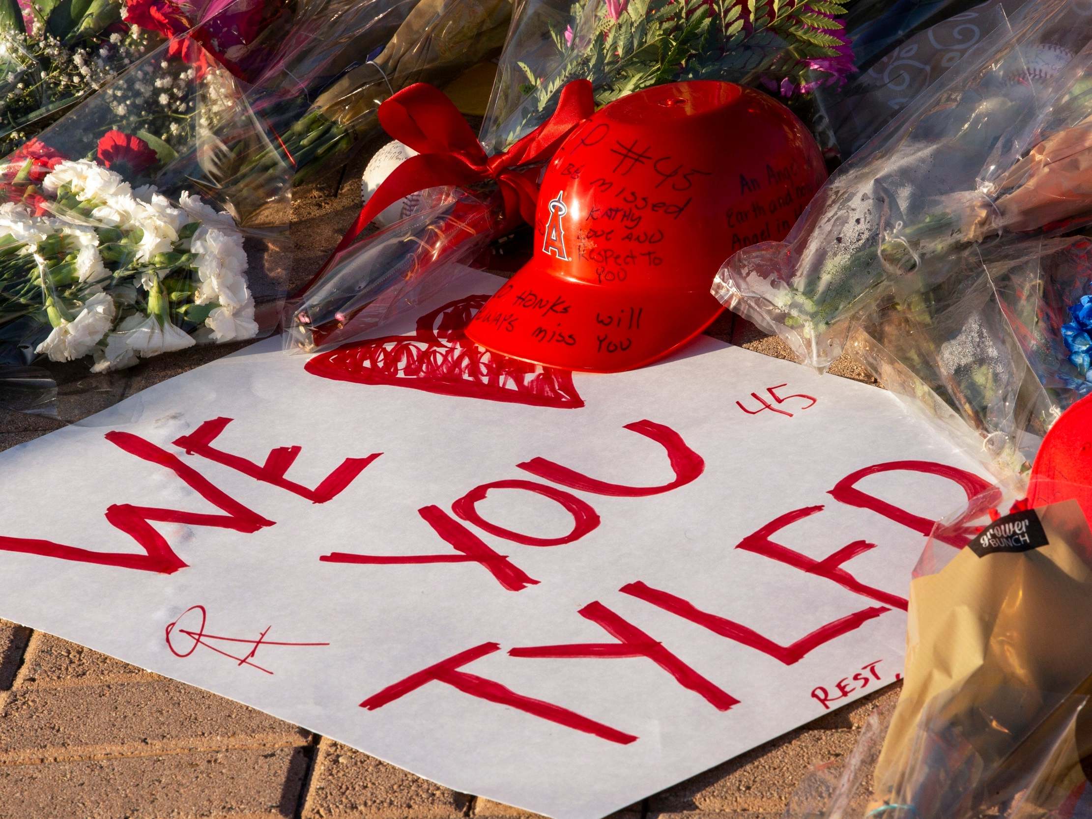 Tributes to Skaggs were left outside the front of the Angels Stadium in Anaheim, California