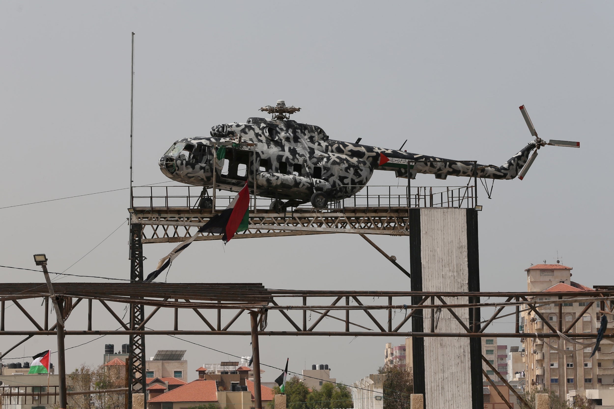 The broken helicopter of the late Palestinian Authority President Yasser Arafat sits atop a structure in Gaza City. Without its main rotor, it is now on public display in the coastal enclave that is now controlled by the Palestinian Authority's most powerful domestic rival, Hamas