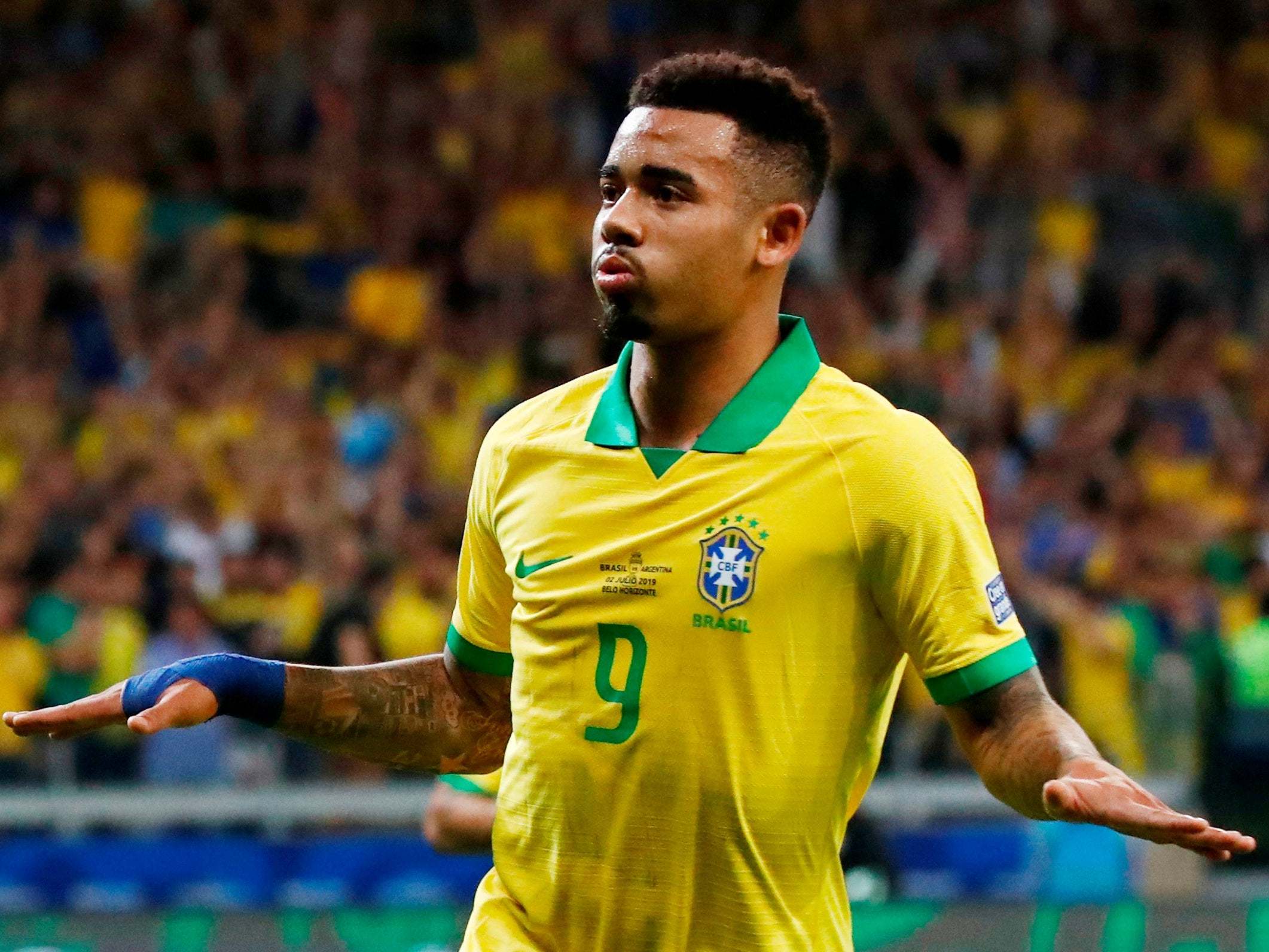 Gabriel Jesus celebrates scoring vs Argentina