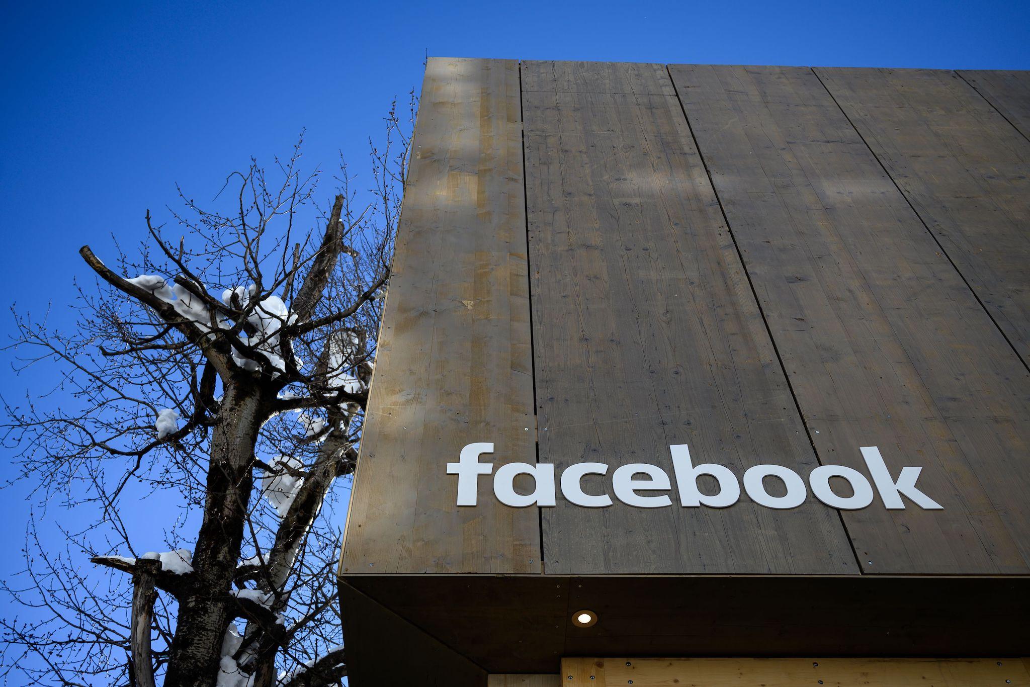 A picture taken on January 24, 2019 shows the Facebook booth during the World Economic Forum (WEF) annual meeting in Davos, eastern Switzerland