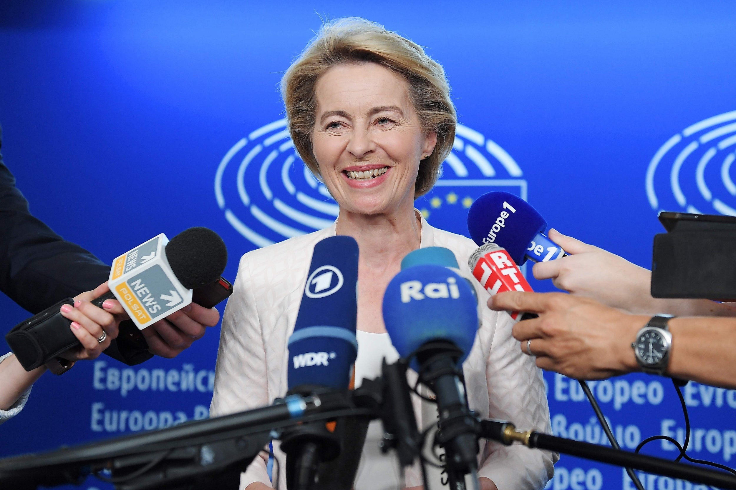 Chosen one: Ursula von der Leyen speaks to journalists at the European parliament