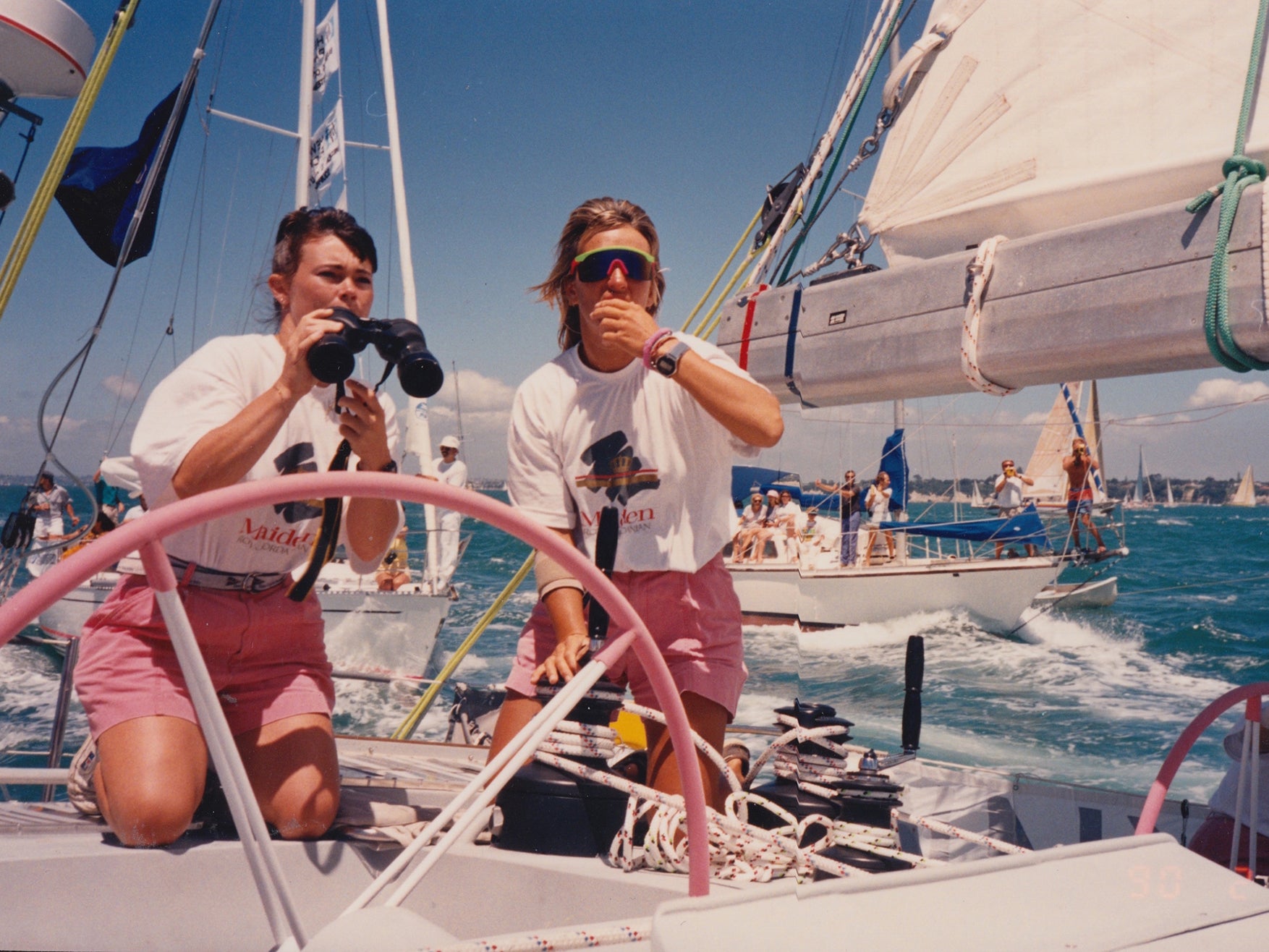 Tracy Edwards and Mikaela Von Koskull sailing the iconic Maiden yacht