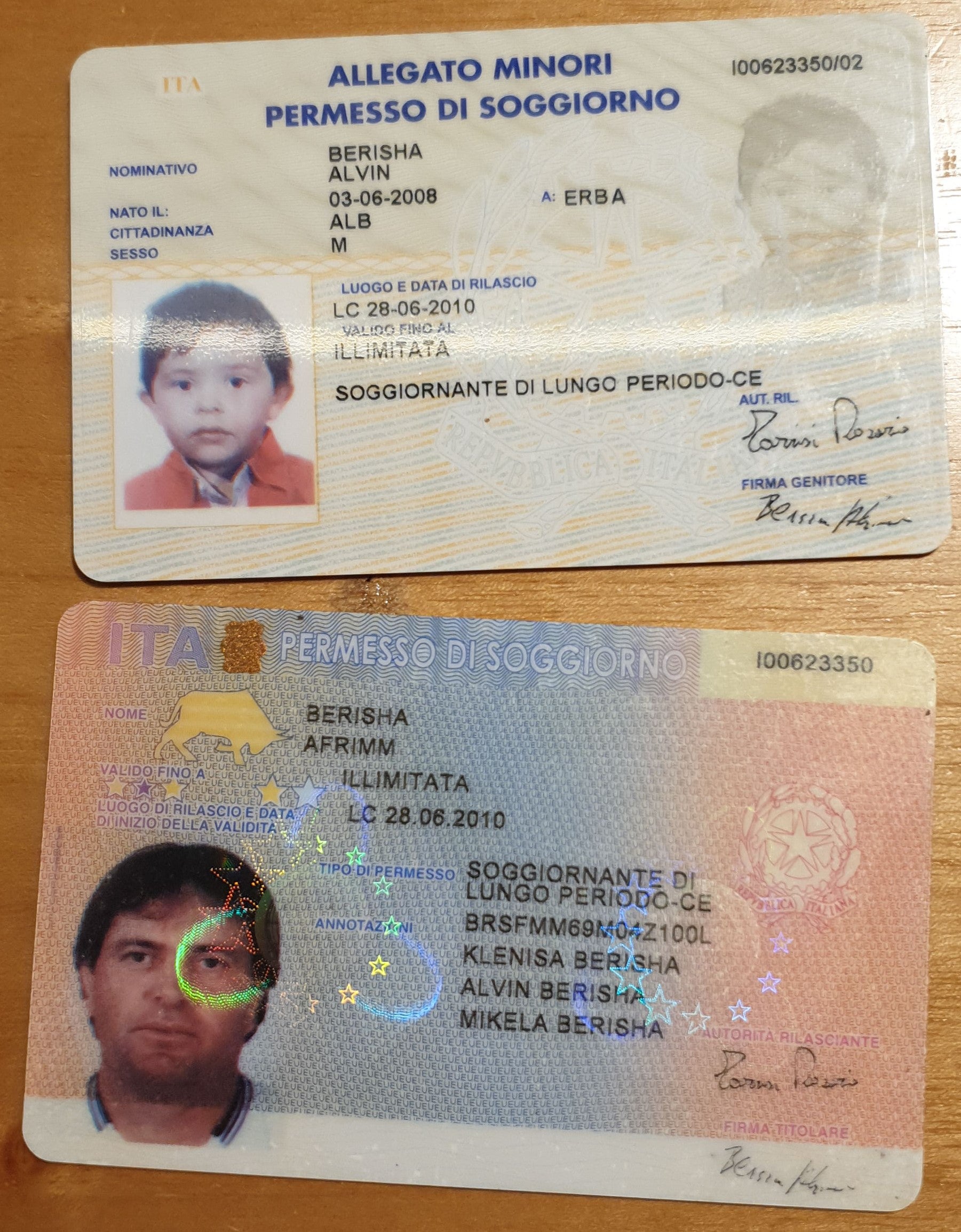 Alvin Berisha and father Afrimm Berisha’s residency cards