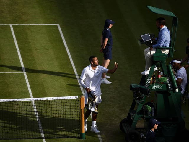 Nick Kyrgios has words with umpire Damien Dumusois