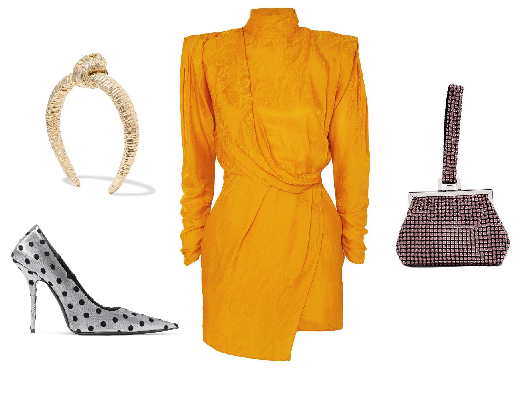 Loeffler Randall, Teddie Knotted Plisse Lame Headband, £60, Net-a-Porter; Balenciaga, Square Knife polka-dot flocked lamé pumps, £750, Net-a-Porter; Dundas, Draped open-back satin-jacquard mini dress, £595, Net-a-Porter; Diamante Pink Grab Bag, £27, Topshop