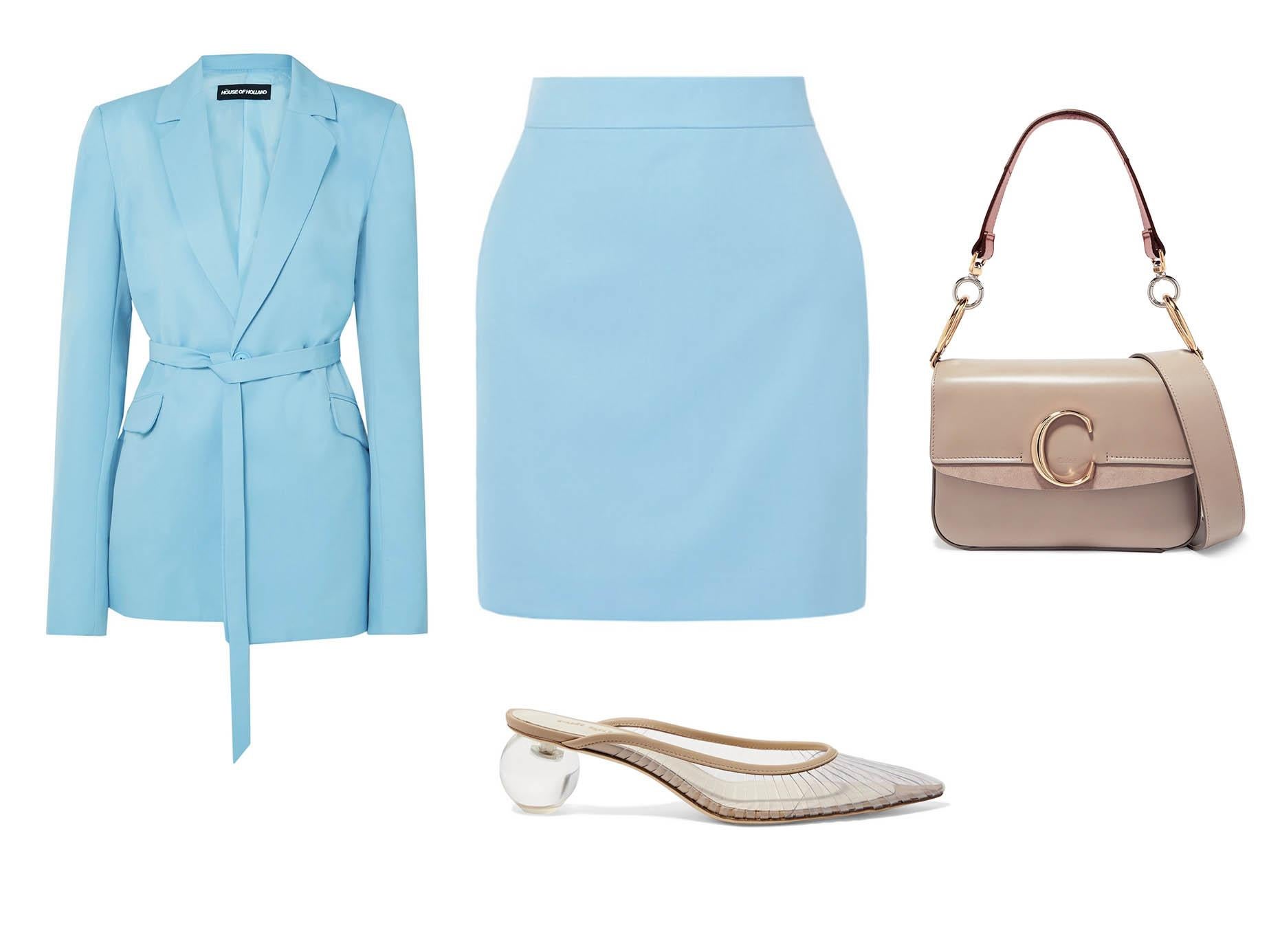 House of Holland, Belted grain de poudre blazer, £550, Grain de poudre mini skirt, £225, Net-a-Porter; Chloe, C small suede-trimmed leather shoulder bag, £1,245, Net-a-Porter; Cult Gaia, Alia Perspex and leather mules, £295, Net-a-Porter