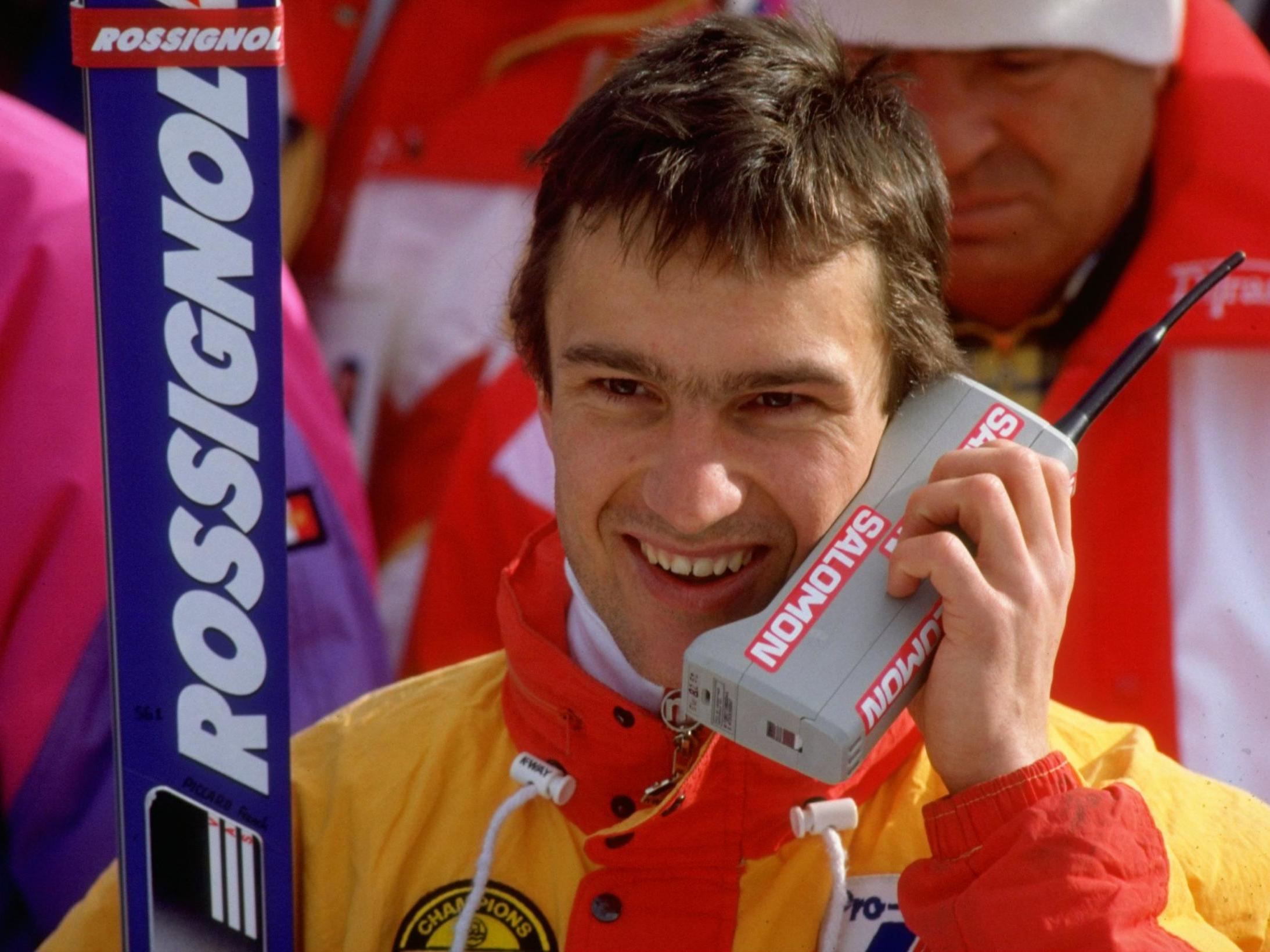 French skier Franck Piccard on his mobile phone at the 1988 Winter Olympics in Canada (Getty)